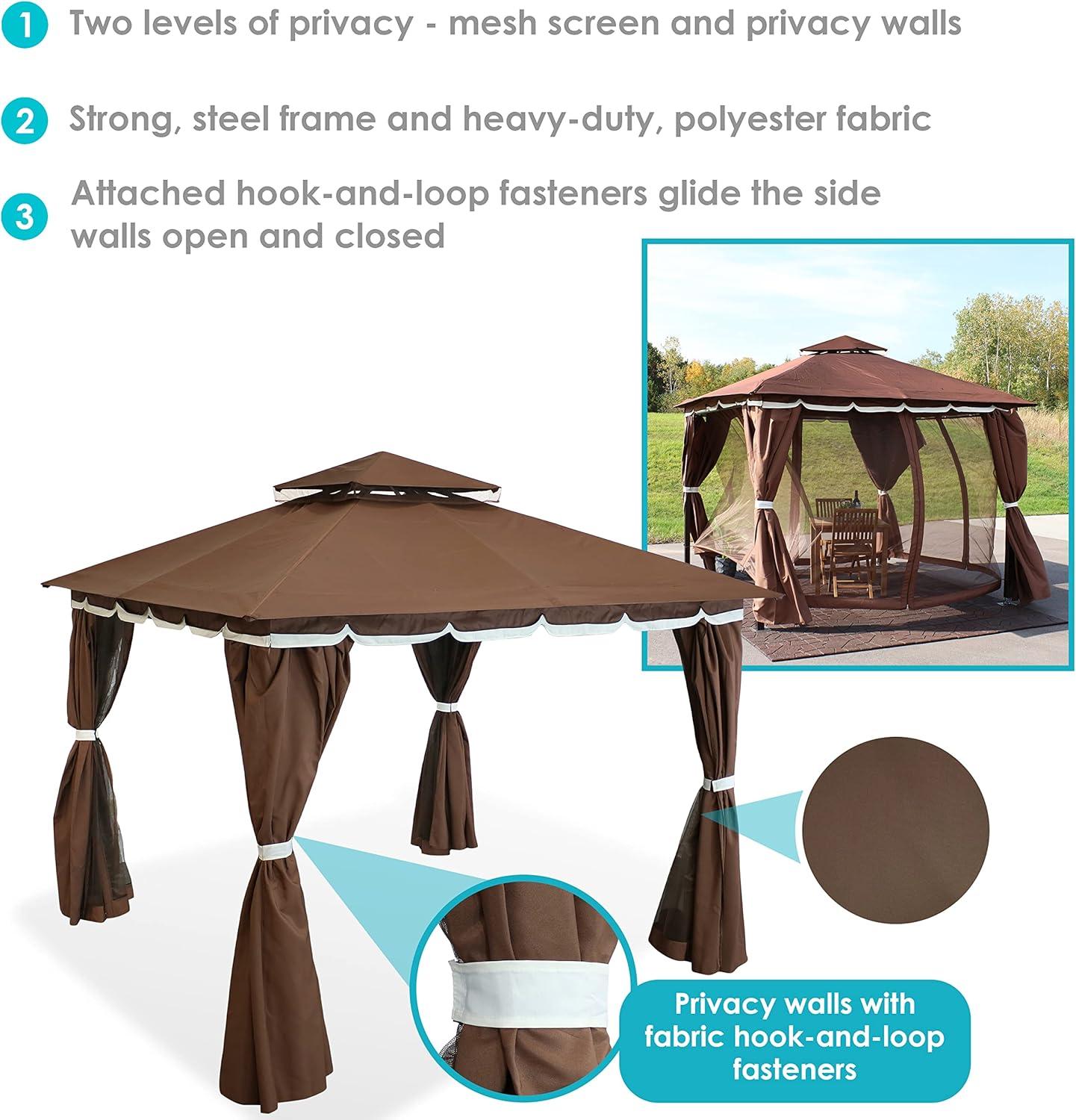 Sunnydaze Outdoor Rectangle Soft Top Patio Gazebo with Screens and Privacy Walls - 10' x 10' - Brown