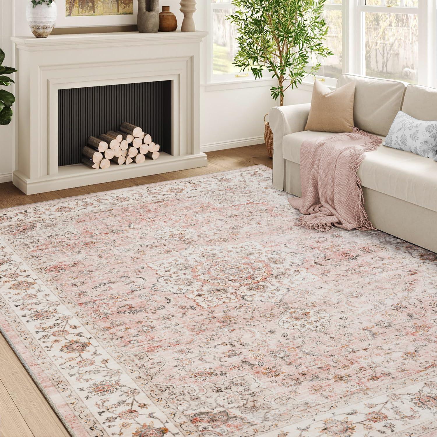 Hasoo Area Rug 5' x 7' Washable Modern Floral Rugs for Living Room Non-Slip Accent Carpet Pink