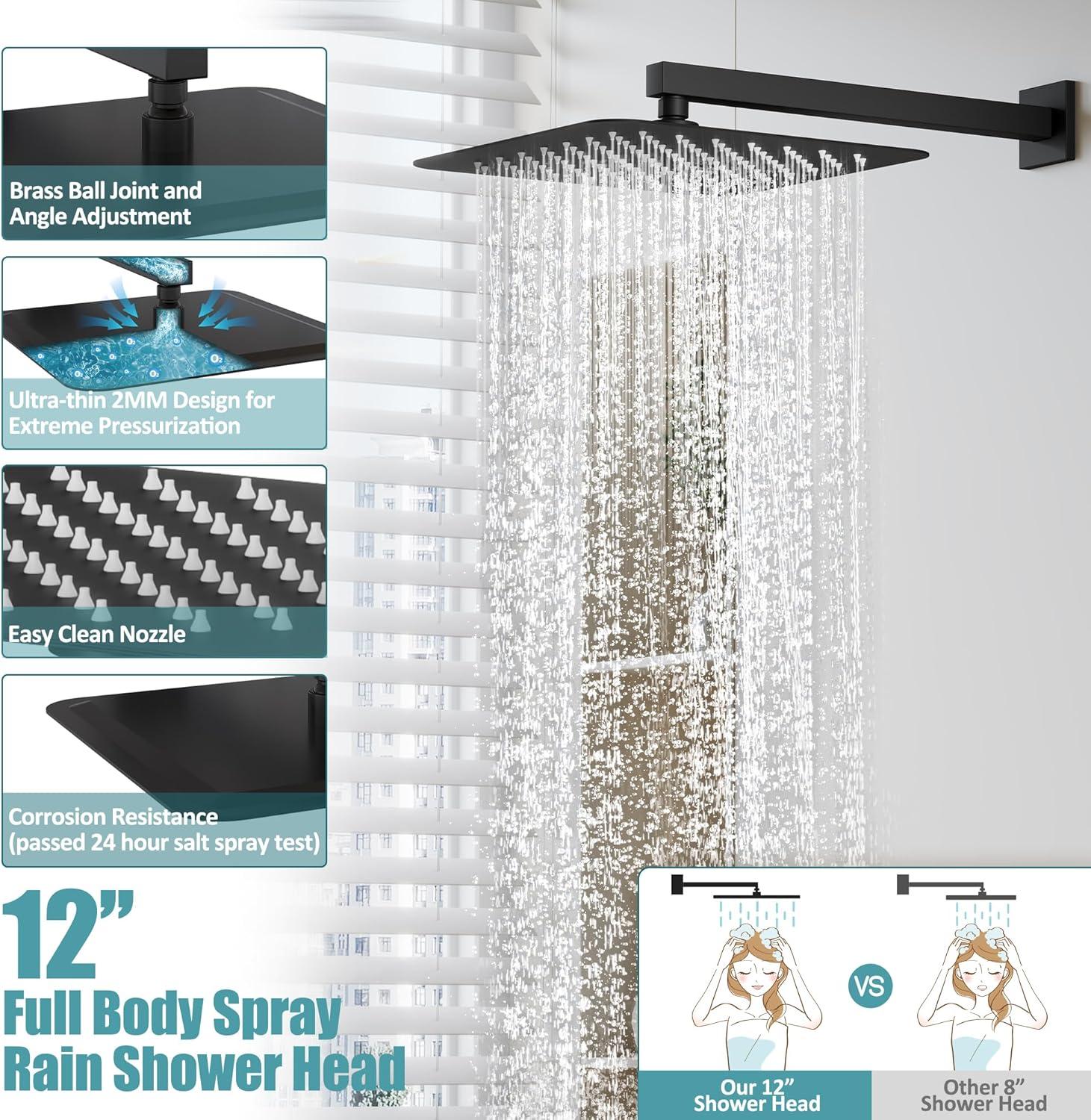 Shower Faucet Set 12" Matte Black Shower Head And Handle Set Rainfall Shower System with Square Rain Shower Head and High Pressure Handheld Spray