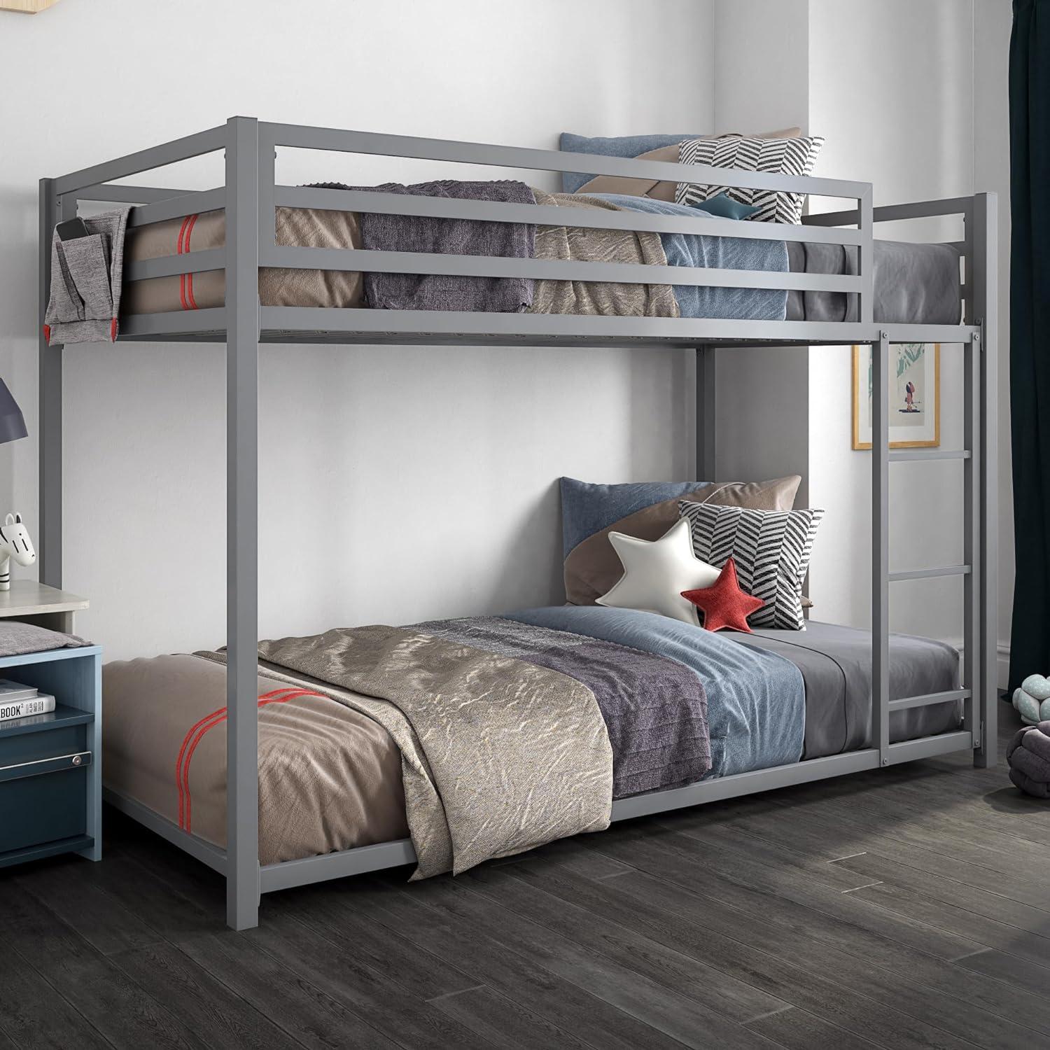 Silver Twin-over-Twin Metal Bunk Bed with Guardrails and Ladder