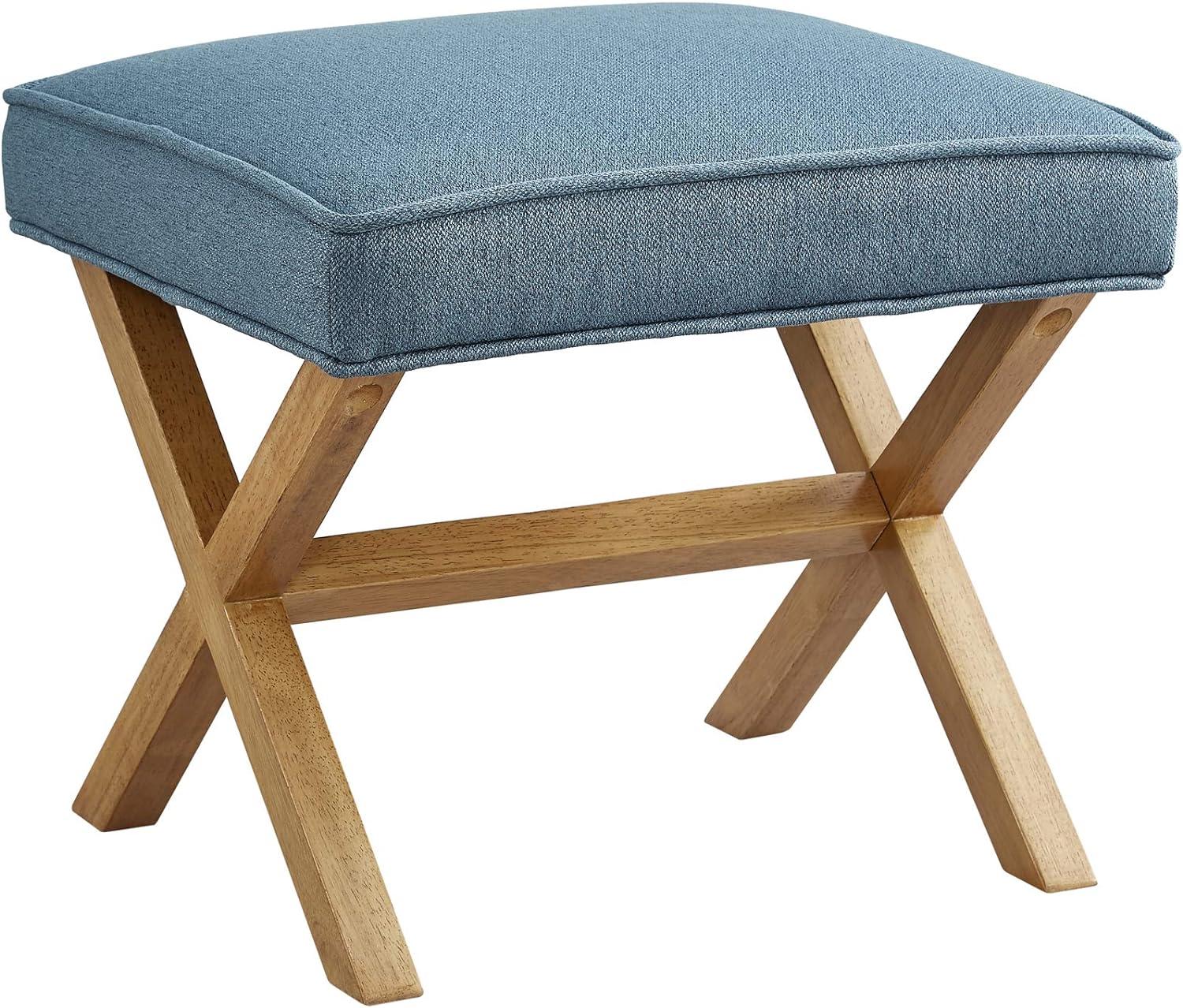 Indigo Blue Polyester X-Frame Ottoman with Wood Legs