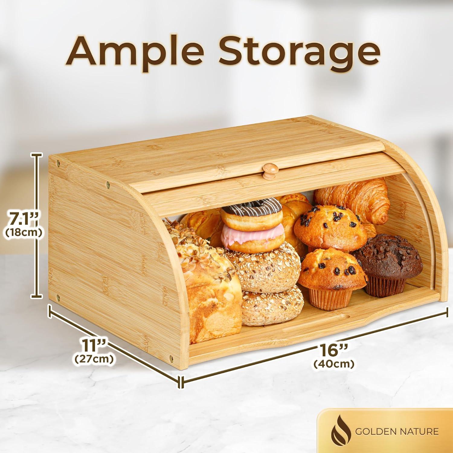 Bamboo Bread Box, Large Wooden Food Keeper for Kitchen Countertop , Storage Bin for Muffins & Bagels by Golden Nature