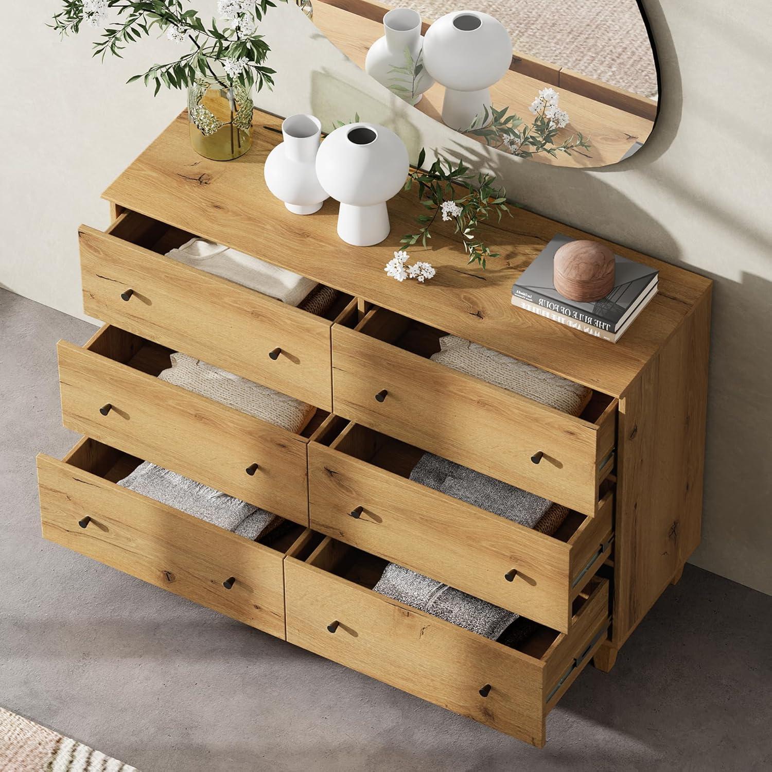 6 Drawers Dresser for Bedroom, Modern Wide Double Dressers with Chest of Drawers, Wooden Closet Organizer, Oak Brown Wood Finish