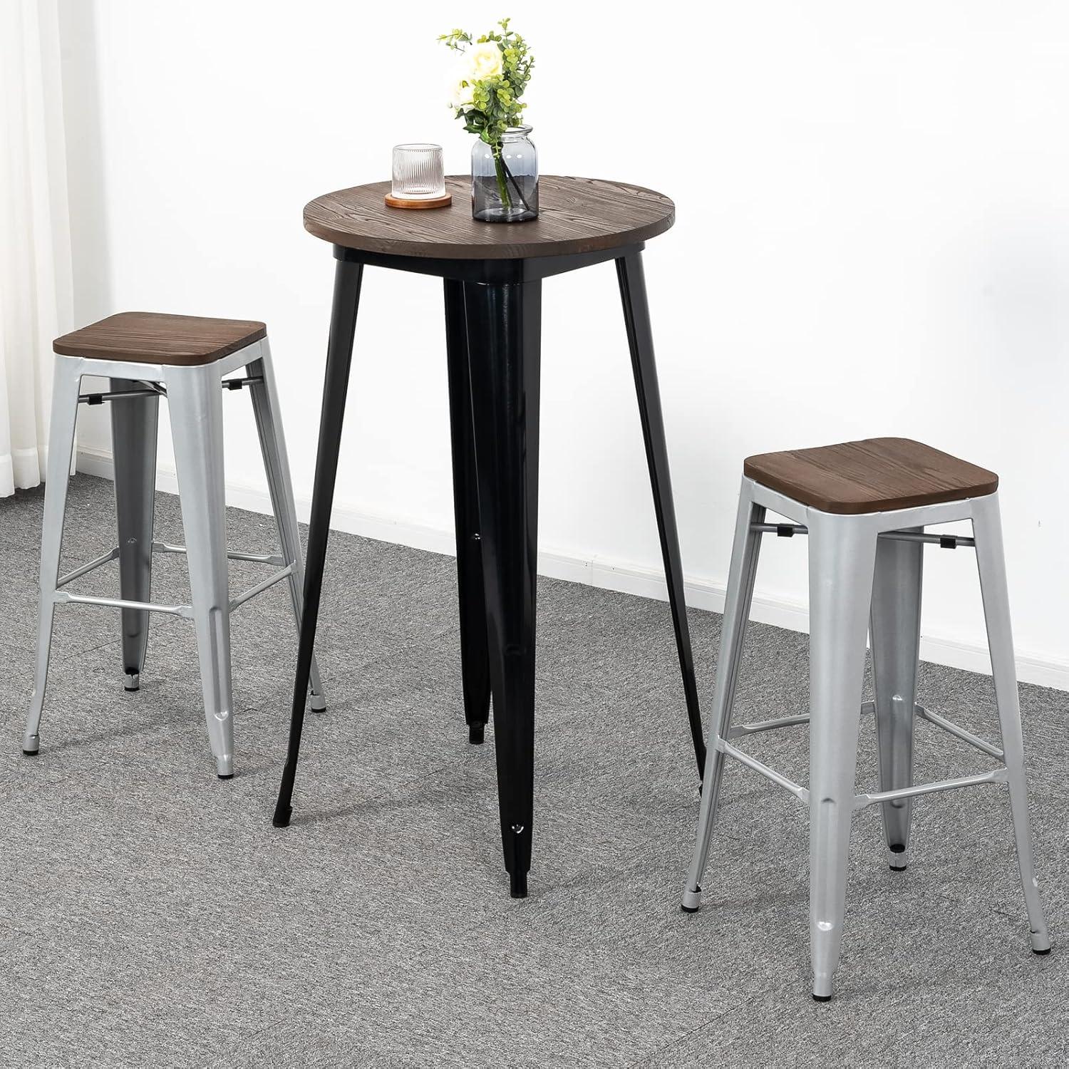 Pearl Grey 30" Backless Swivel Metal Bar Stools with Elm Wood Seat