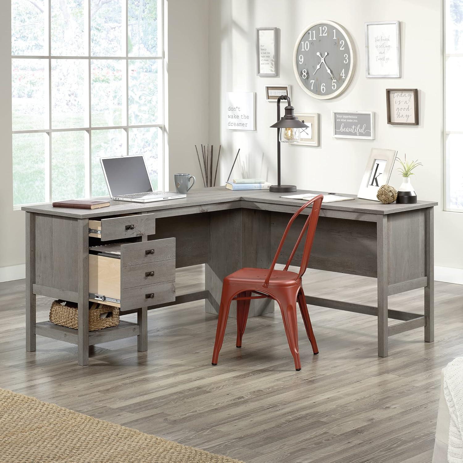 Cottage Road L-Shaped Desk Mystic Oak - Sauder: Home Office Furniture with Open Shelf & Grommets