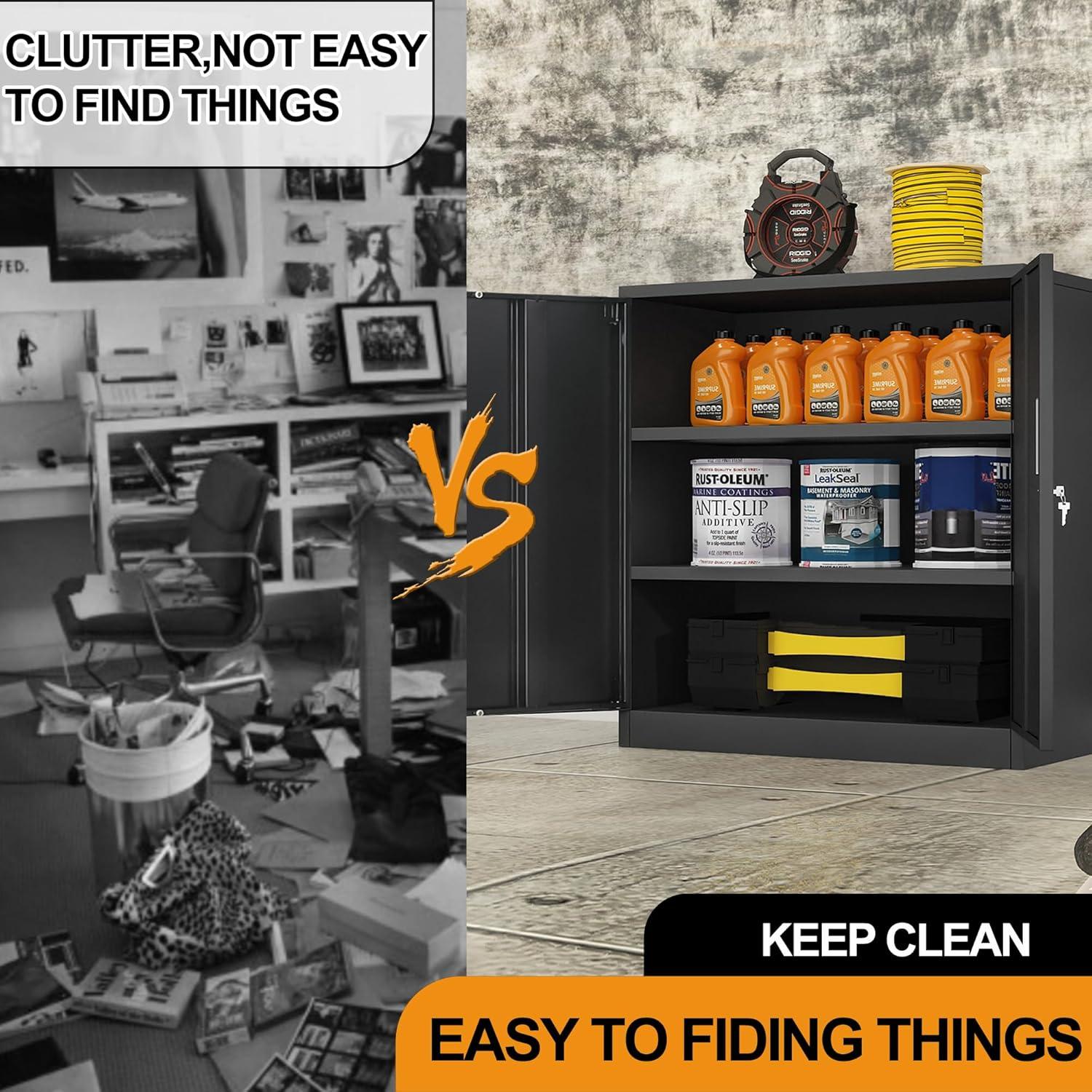 Metal Storage Cabinet, 36" H Locking Storage Cabinet with Adjustable Shelves, Steel Storage Cabinet for Garage, Home, Office, Utility Room-Black