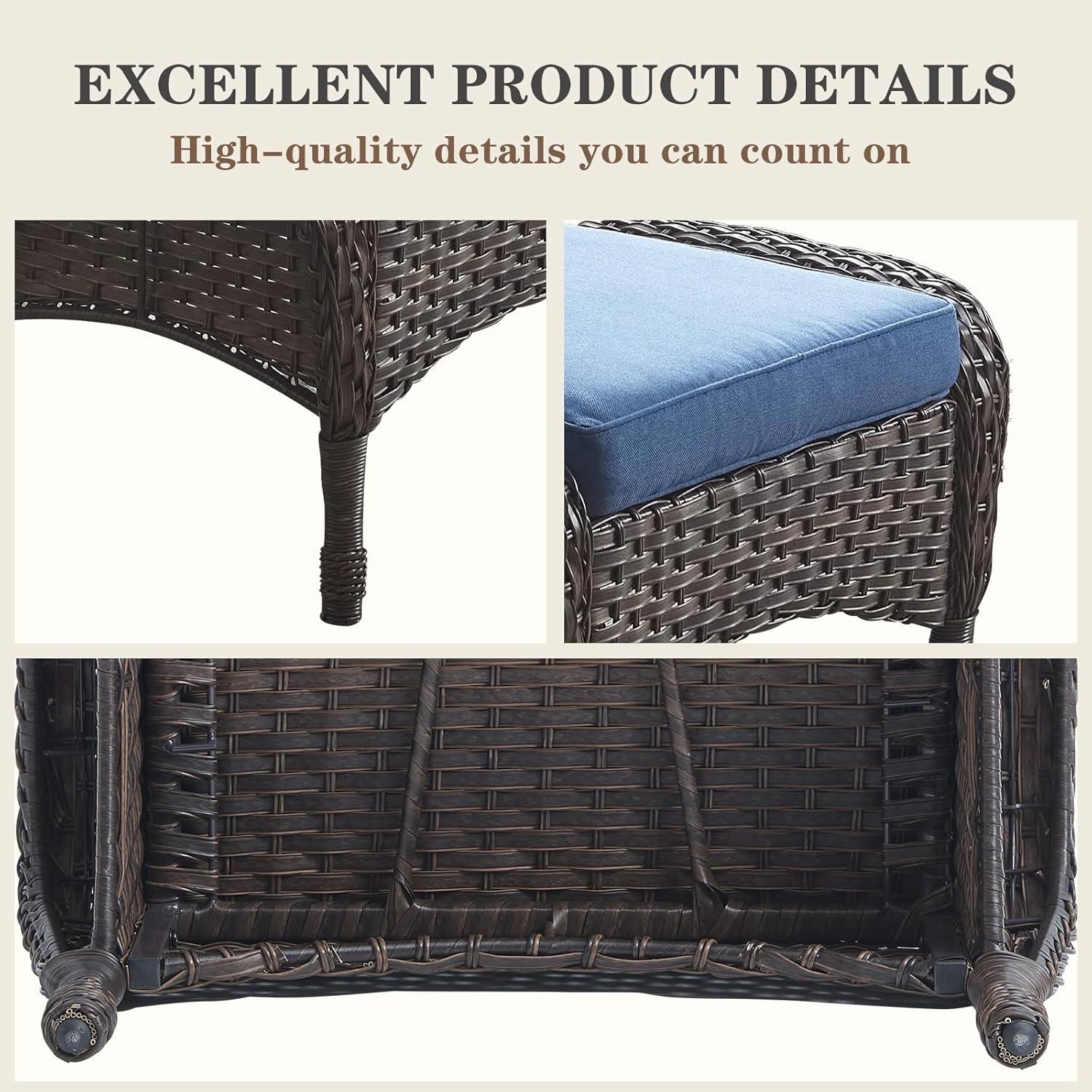 Flat Armrest Series Brown Wicker Outdoor Patio Ottoman with CushionGuard Blue Cushions (2-Pack)