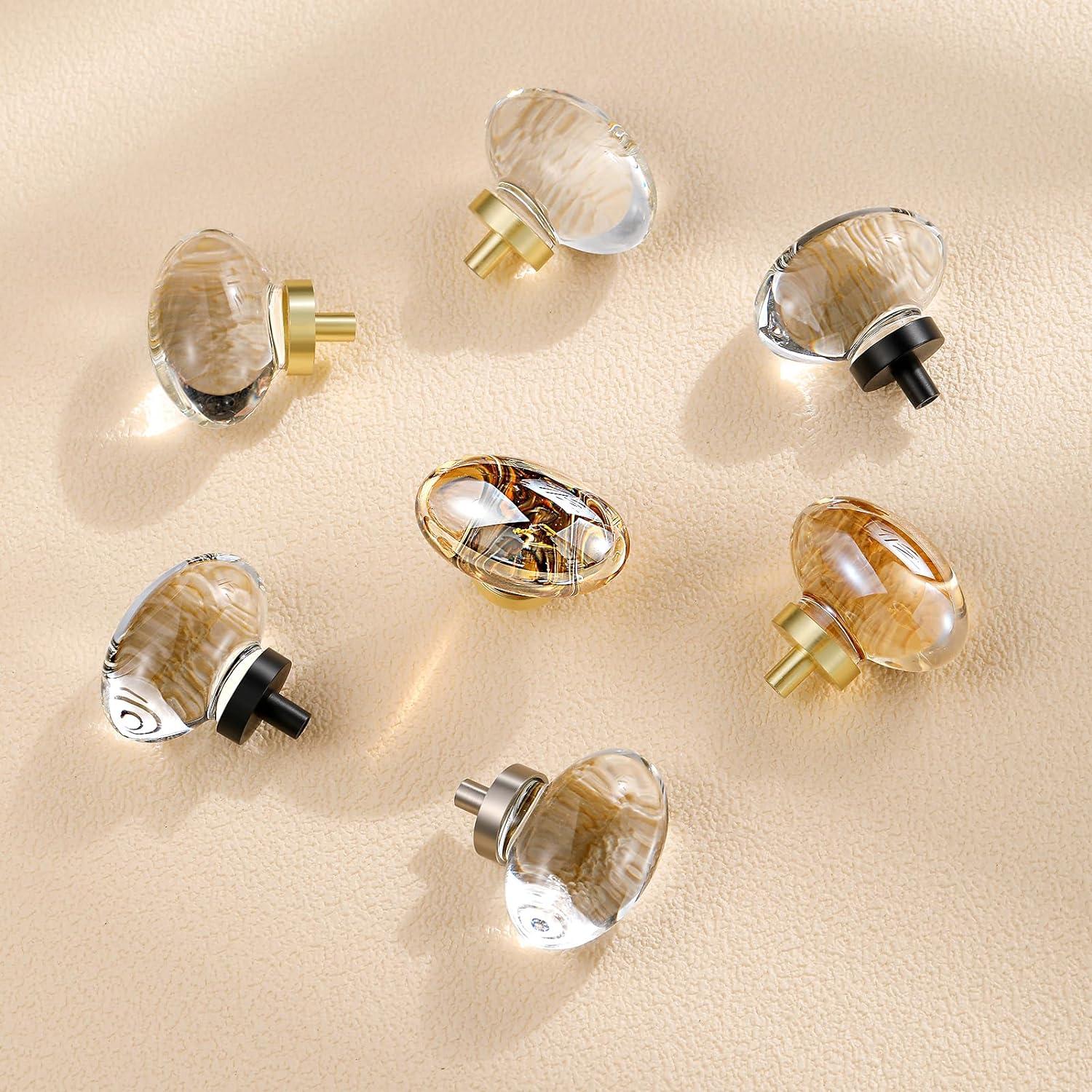 16 Pack Glass Cabinet Knobs and Pulls, Oval Crystal Knobs for Dresser Drawers, Brushed Nickel Kitchen Cabinet Knobs Egg Shape