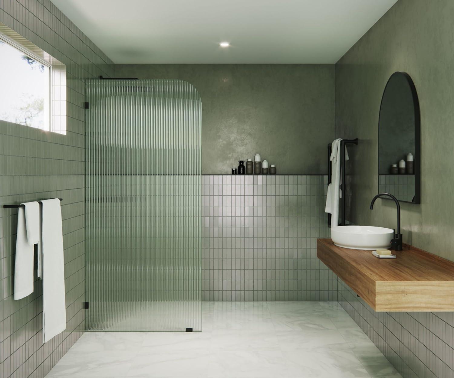 Glass Warehouse  36" x 78" Frameless Shower Door - Single Fixed Panel Fluted Frosted Radius Matte Black 36 Inch - Left Matte