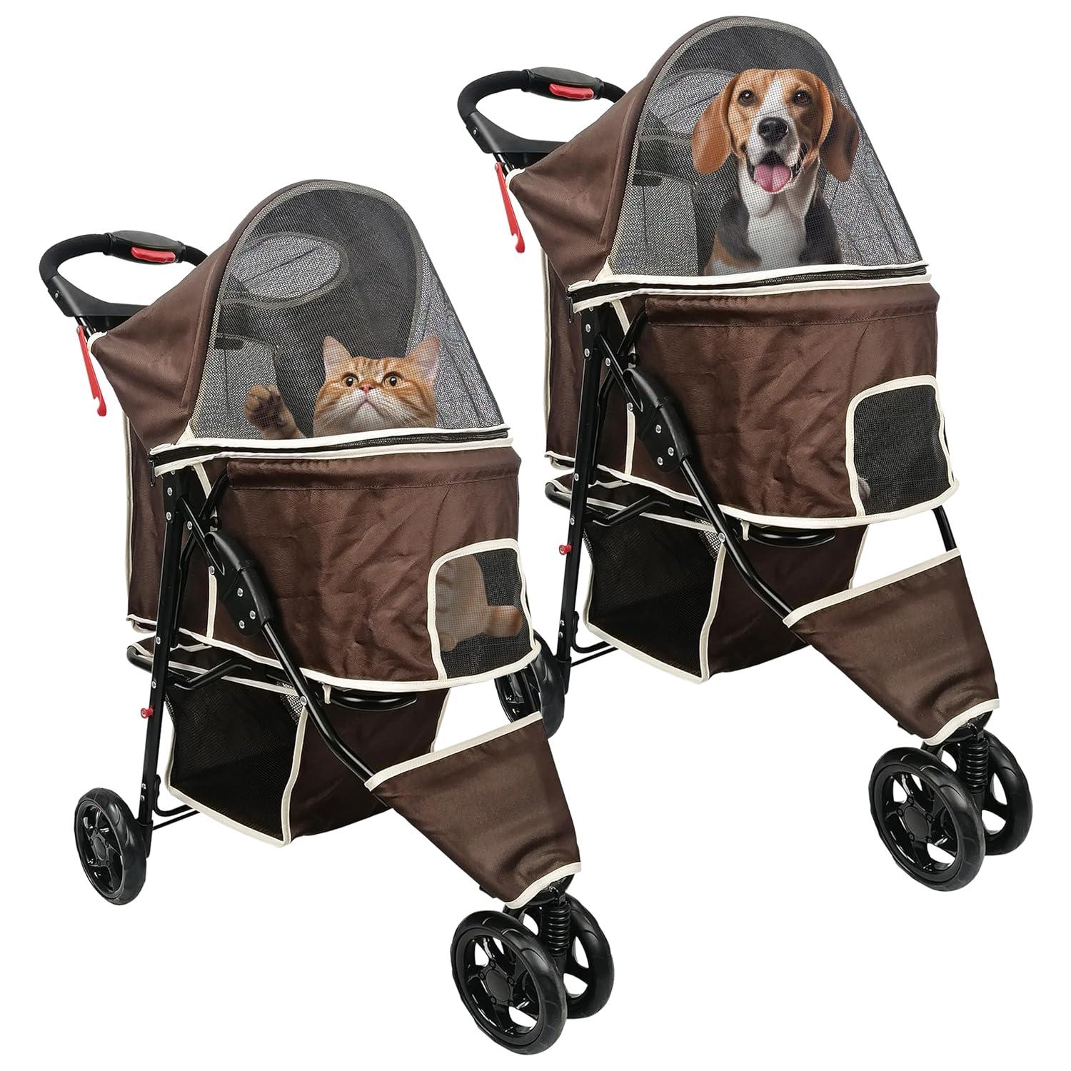 AmorosO Coffee Brown Foldable Pet Stroller with Storage