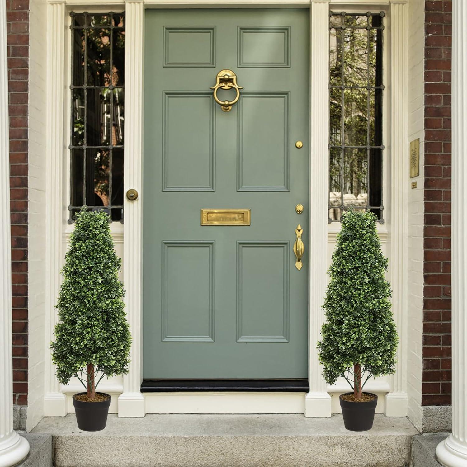 3ft Artificial Topiary Trees Set of 2, Faux Boxwood Tree for Outdoor Decor, Topiaries Plants Artificial Outdoors for Front Door Patio Garden C38