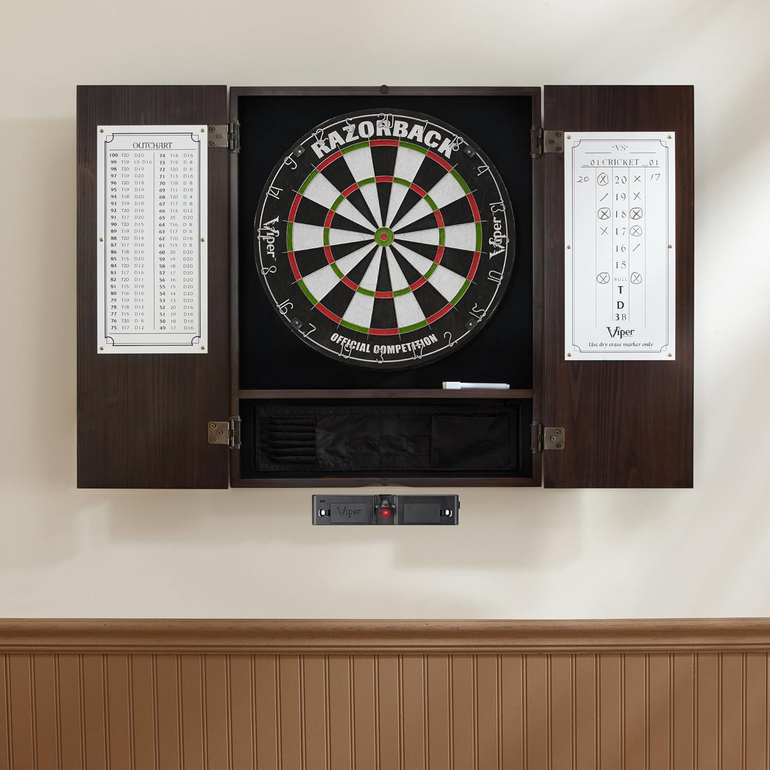 Viper Metropolitan Sisal Fiber Bristle Dartboard And Cabinet Bundle: Elite Set (Razorback Dartboard, Darts And Throw Line Light), Mahogany Finish