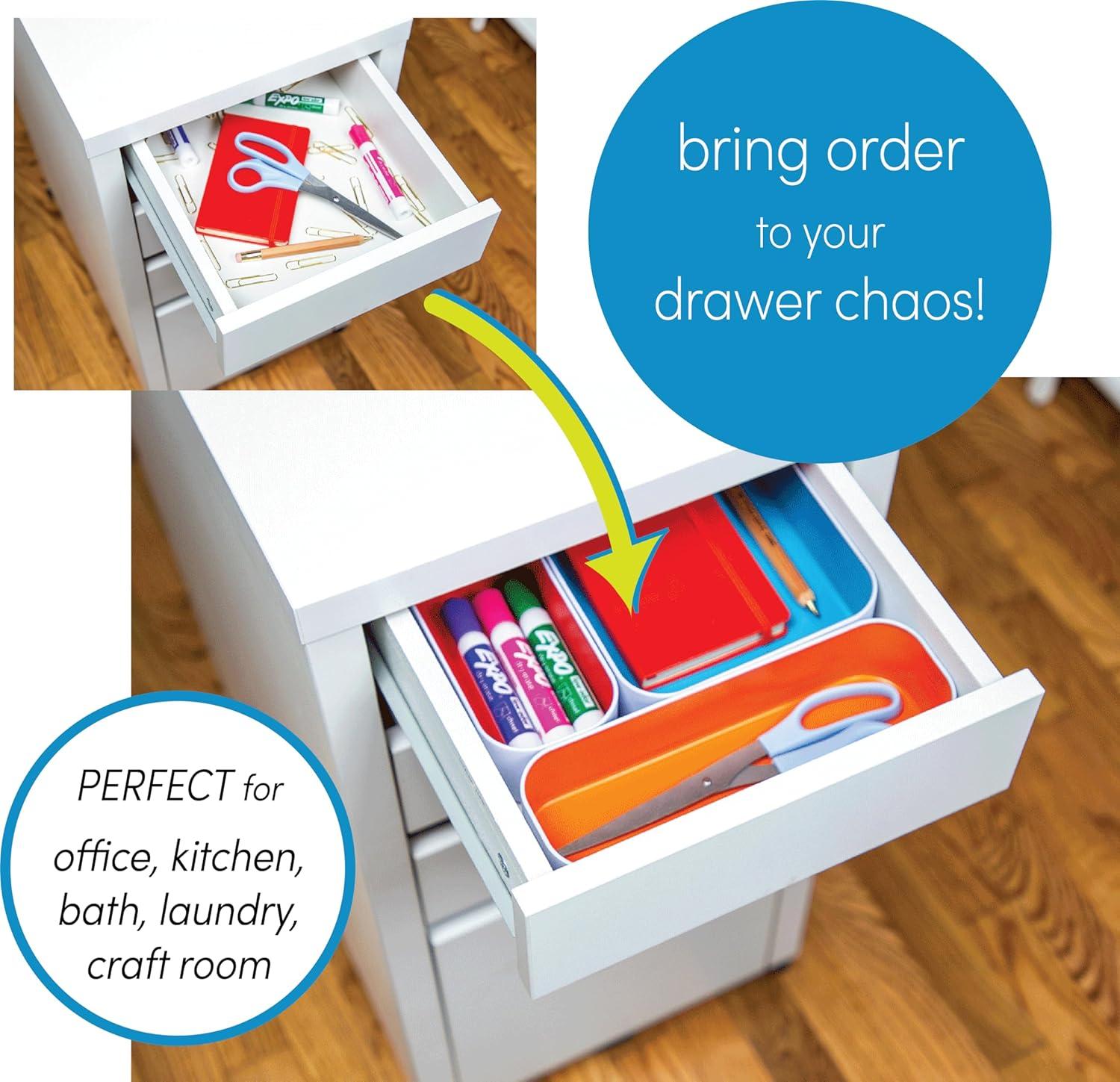 Three by Three Seattle 5 Piece Metal Organizer Tray Set for Storing Makeup, Stationary, Utensils, and More in Office Desk, Kitchen and Bathroom Drawers (1 Inch, Gray, Sky Blue, Orange)