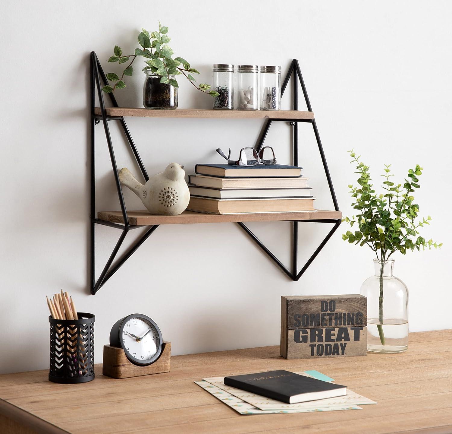 Rustic Brown and Black Two-Tier Floating Wall Shelf