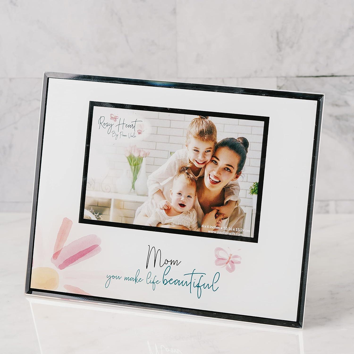 Pavilion Gift Company 6" x 4" Photo Mom You Make Life Beautiful Horizontal Candle, 9.25" x 7.25" Glass Easel Back Picture Frame, Pink