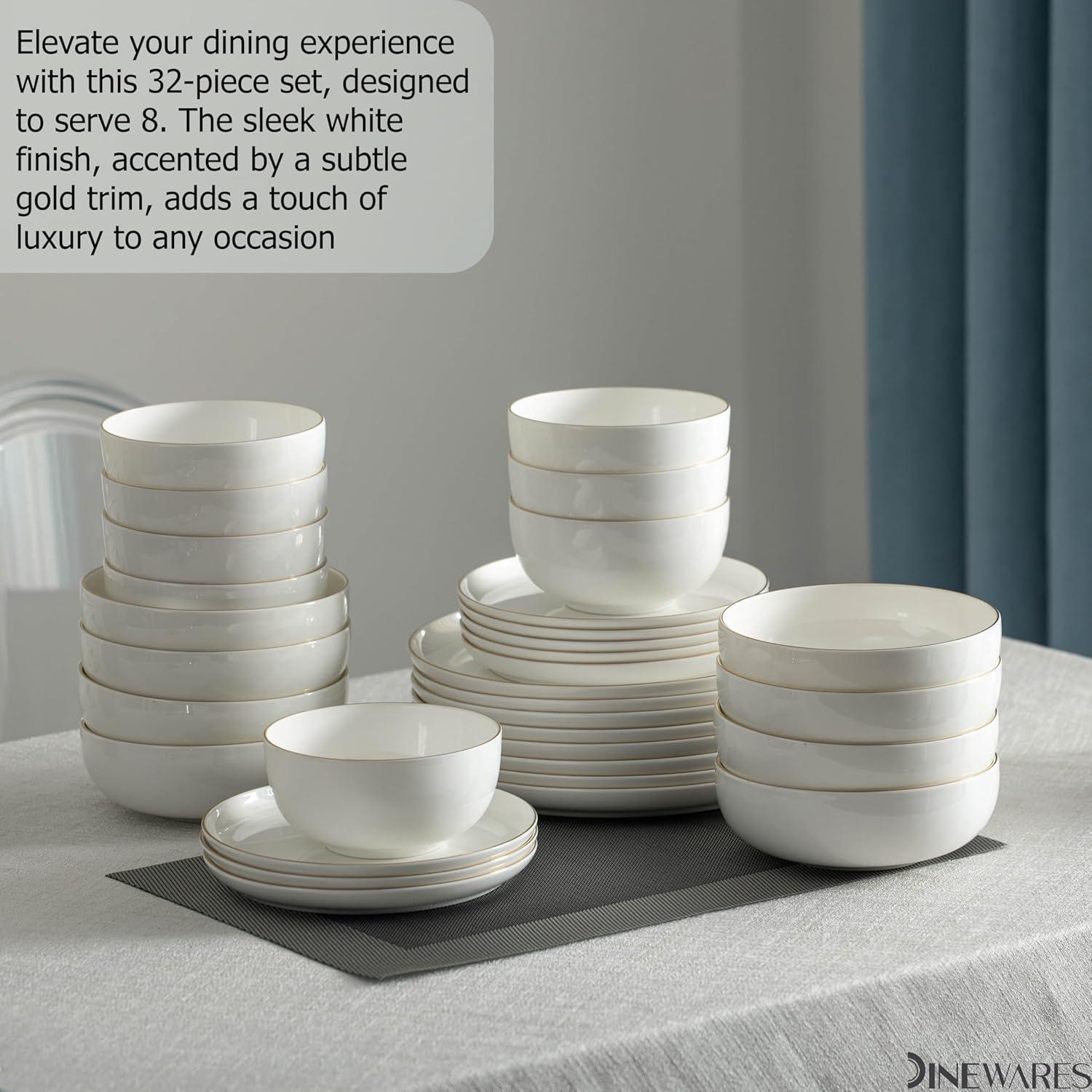 Dinewares White with Gold Rim Bone China Dinnerware Set - Service for 8, Includes Dinner Plates, Salad Plates, and Cereal or Soup Bowls