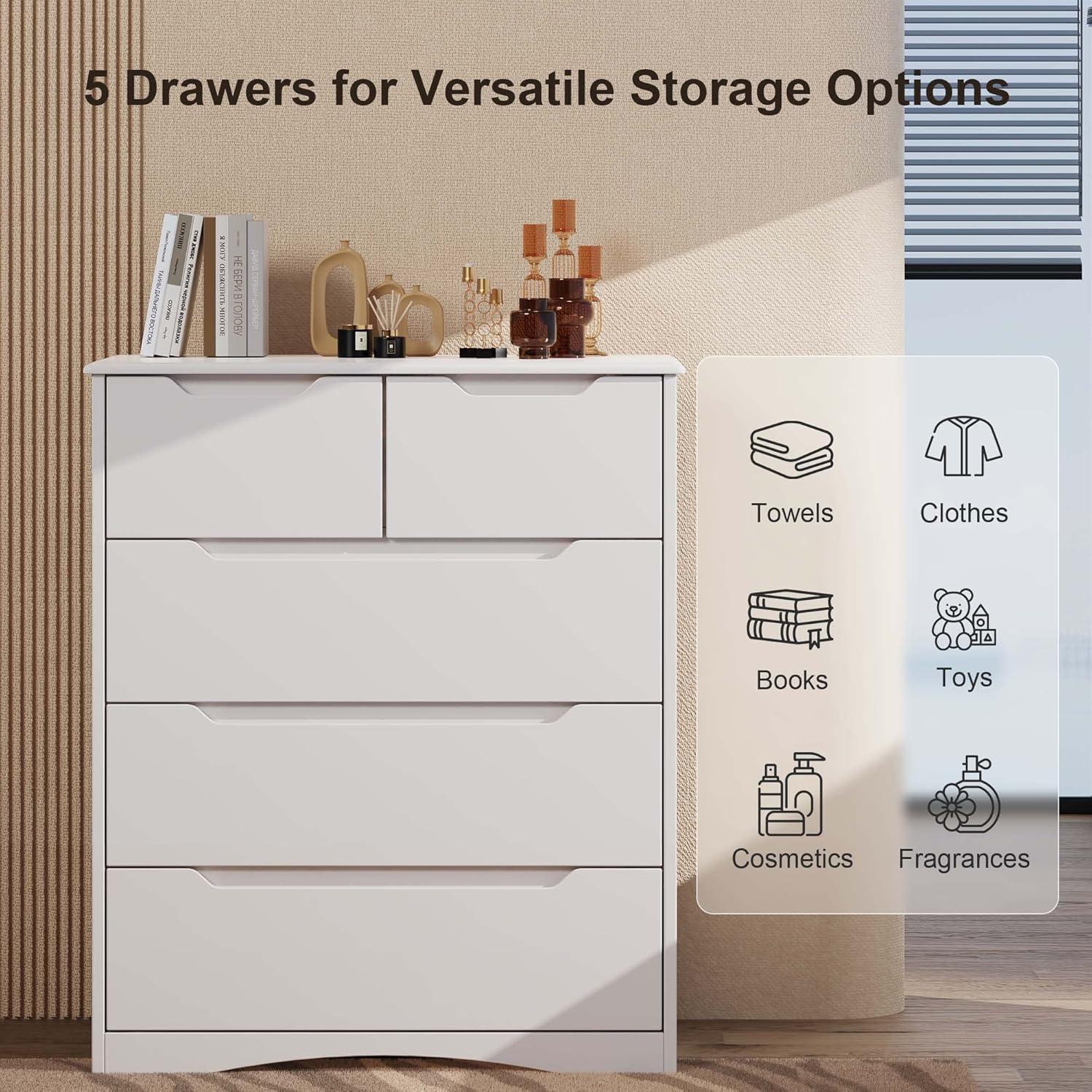 White MDF Vertical 5-Drawer Chest with Extra Deep Storage