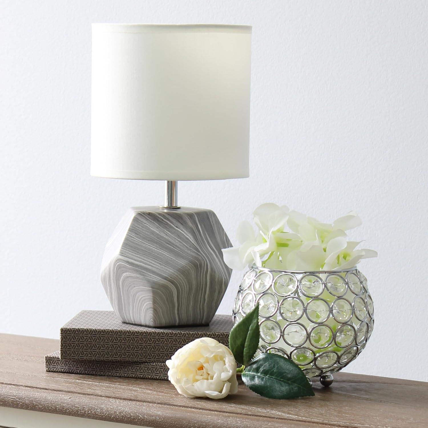 Simple Designs 10.24" Round Geometric Prism Mini Table Lamp with Matching Fabric Shade (Includes LED Light Bulb) Gray/White