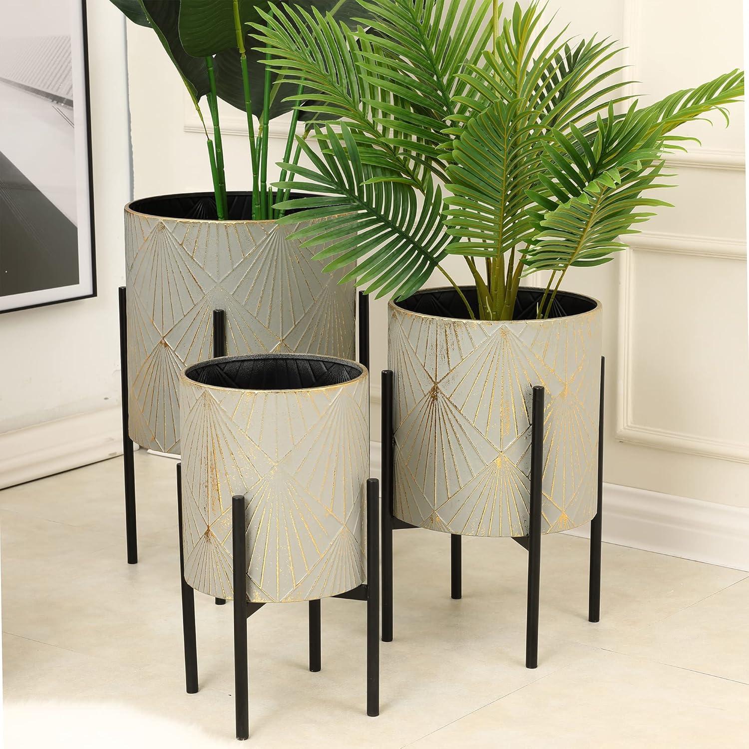 Gray and Gold Metal Cachepot Planters with Black Stands, Set of 3