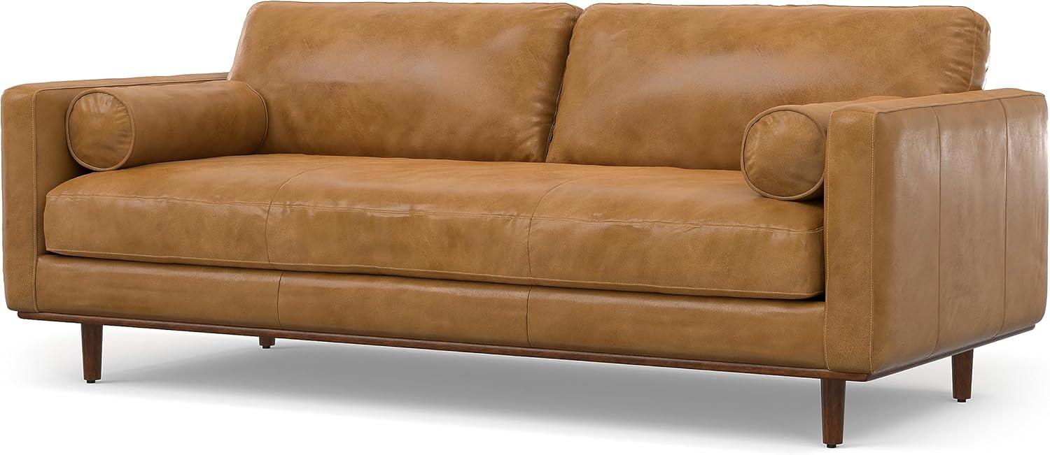 Simpli Home Morrison Genuine Leather Sofa, Mid-Century Modern Couch for Living Room, Handcrafted with Removable Cushions