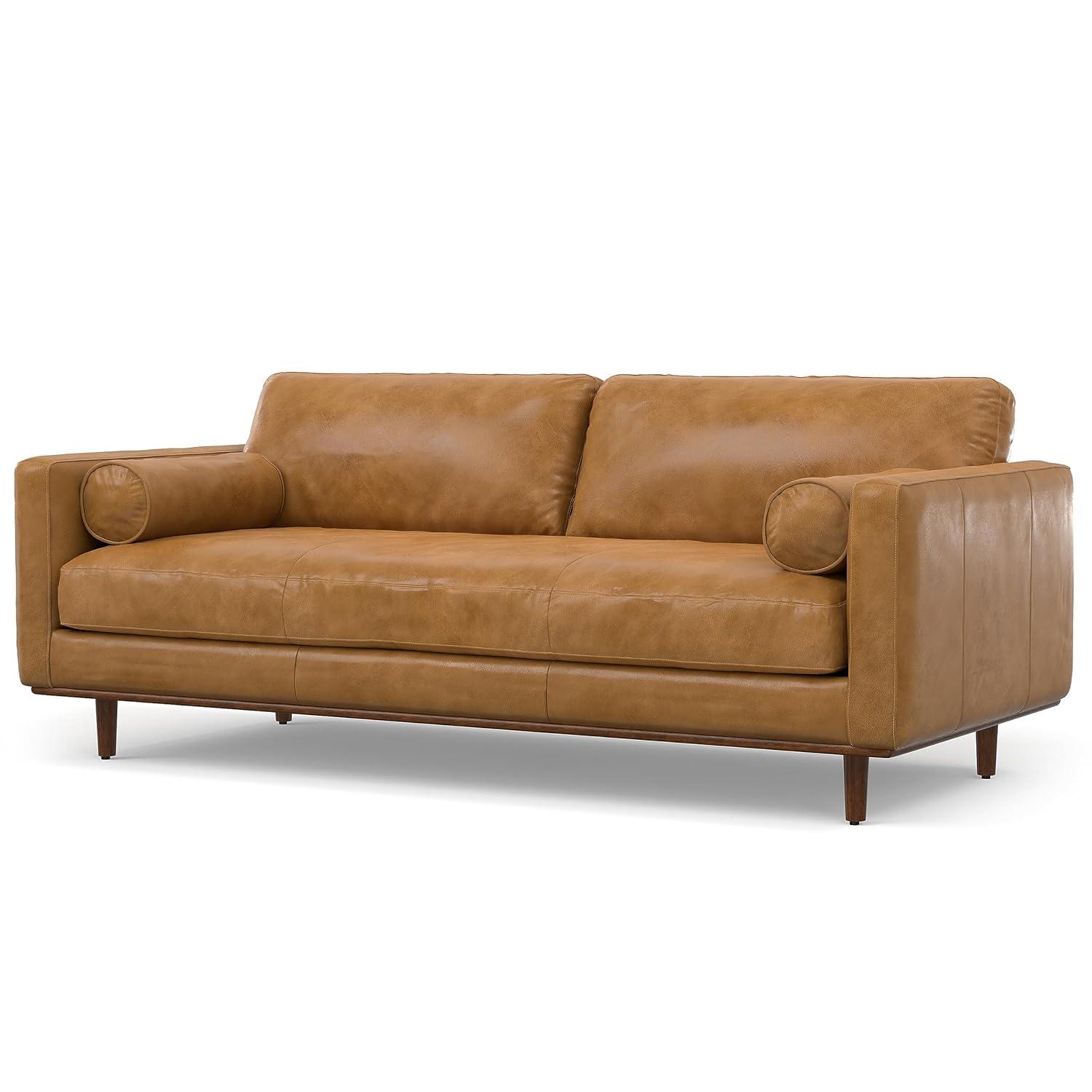 Simpli Home Morrison Genuine Leather Sofa, Mid-Century Modern Couch for Living Room, Handcrafted with Removable Cushions