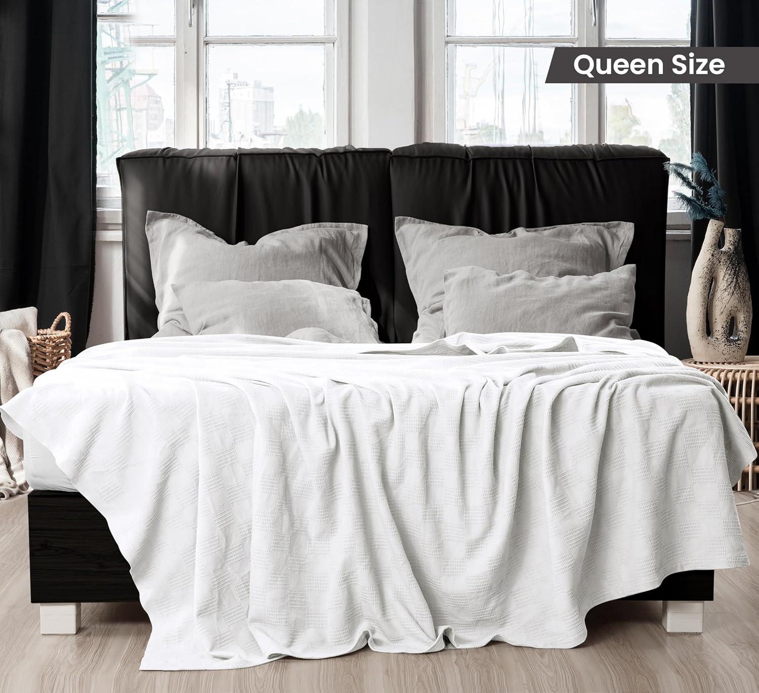 KIBNOF Bedding 100% Cotton Blanket [Queen Size - 90x90 Inch] 350GSM Lightweight, Soft and Breathable Thermal Blanket for All Seasons