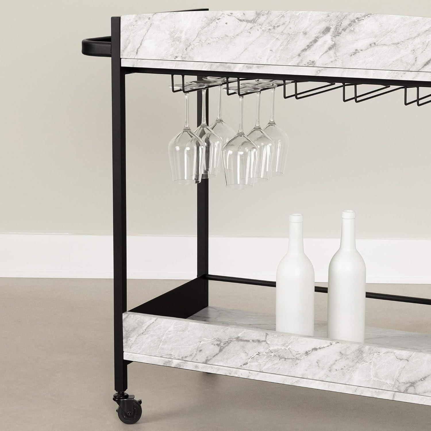 City Life Bar Cart with Wine Glass Rack Black/Faux Carrara Marble - South Shore