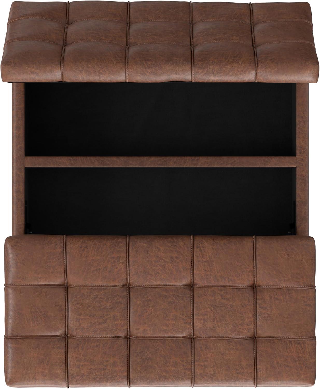 Simpli Home Laura 36 inch Wide Mid Century Square MidÂ CenturyÂ Lift TopÂ Storage Ottoman in Distressed Saddle Brown Vegan Faux Leather