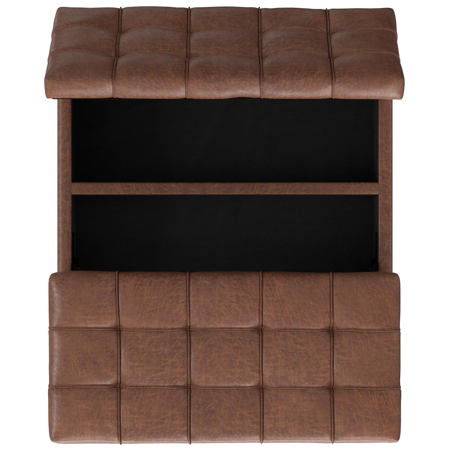 Simpli Home Laura 36 inch Wide Mid Century Square MidÂ CenturyÂ Lift TopÂ Storage Ottoman in Distressed Saddle Brown Vegan Faux Leather