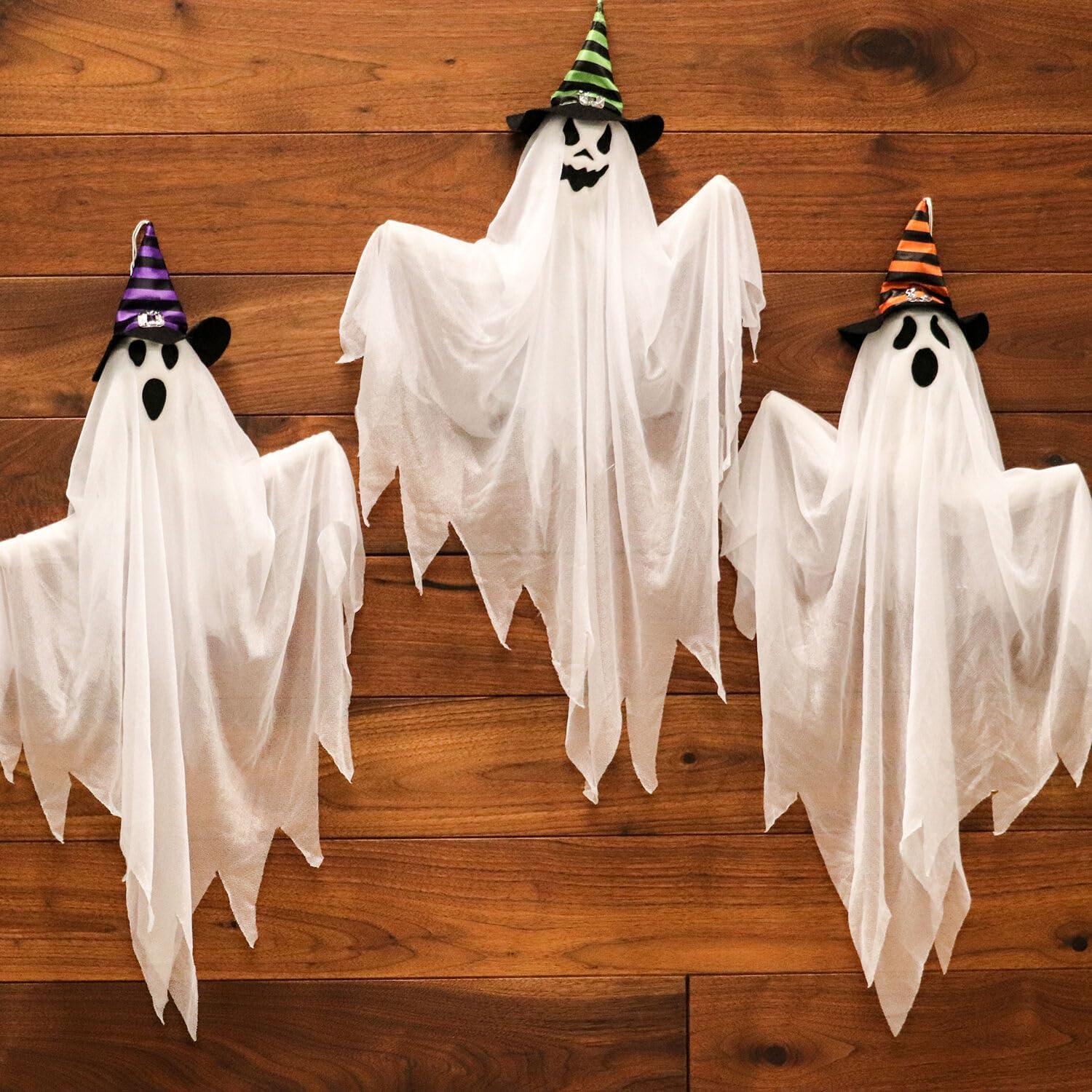 Haunted Hill Farm Set of 3 Hanging Ghosts, Indoor/Outdoor Halloween Decoration