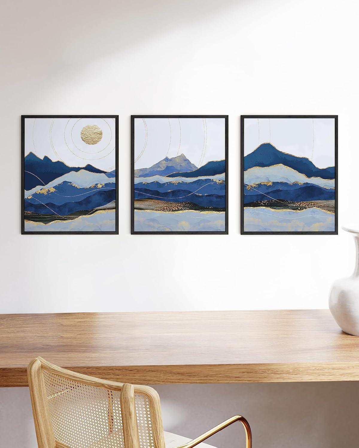 HAUS AND HUES Mountain Wall Art - Blue Wall Decor Nature Wall Art Set of 3, Modern Wall Decor, Landscape Wall Art, Abstract Art Wall Decor, Mountain Art Framed Wall Art Set (12x16, Black Framed)