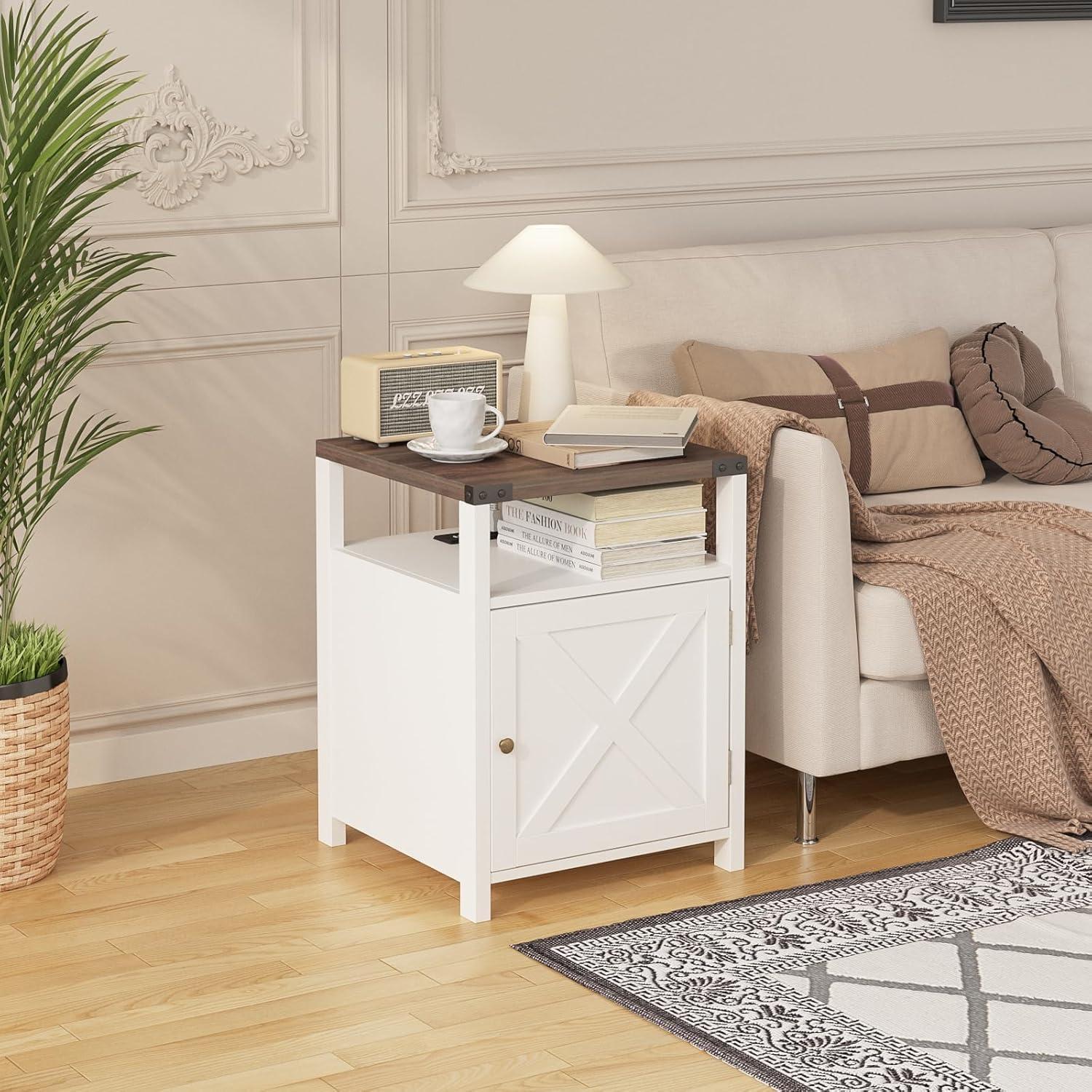 Wood Nightstands with Charging Station End Table Bedside Tables with Barn Door