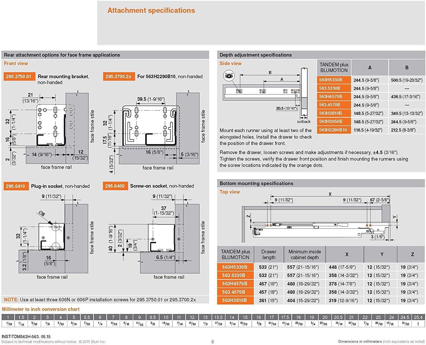 18" BLUM Tandem Set of 6 Drawer Slides Plus BLUMOTION Complete Kit. with Runners 563H, Locking Devices, Rear mounting Brackets, and Screws (for face Frame or Frameless Application)