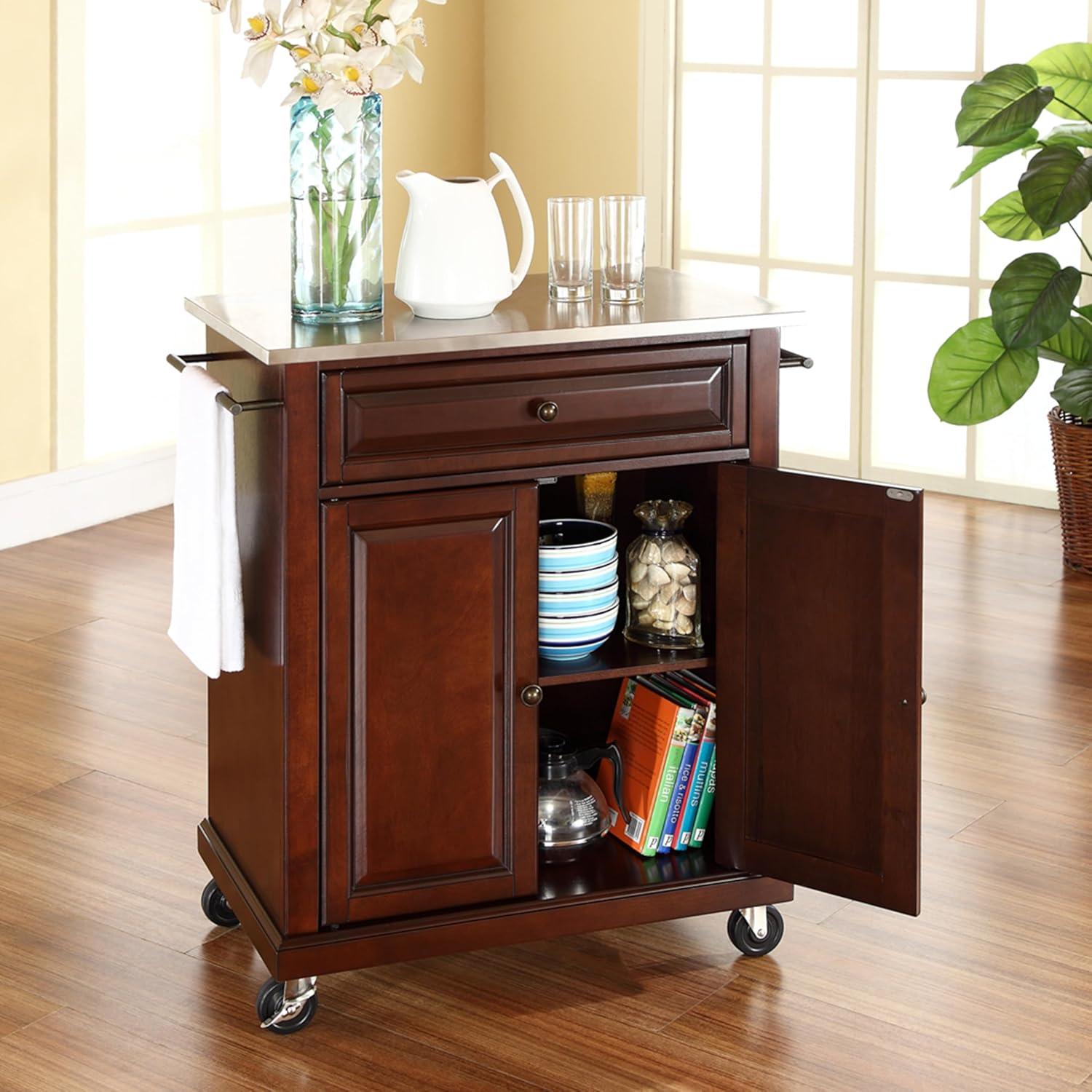 Compact Stainless Steel Top Kitchen Cart Mahogany - Crosley: Mobile Island with Storage & Towel Bars