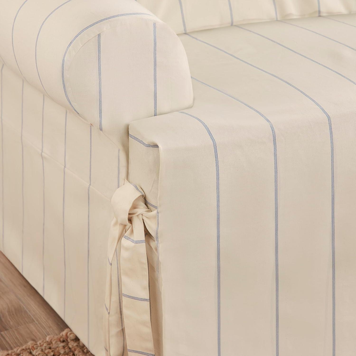 Heavyweight Cotton Duck T-Cushion Loveseat Slipcover with Blue Stripes