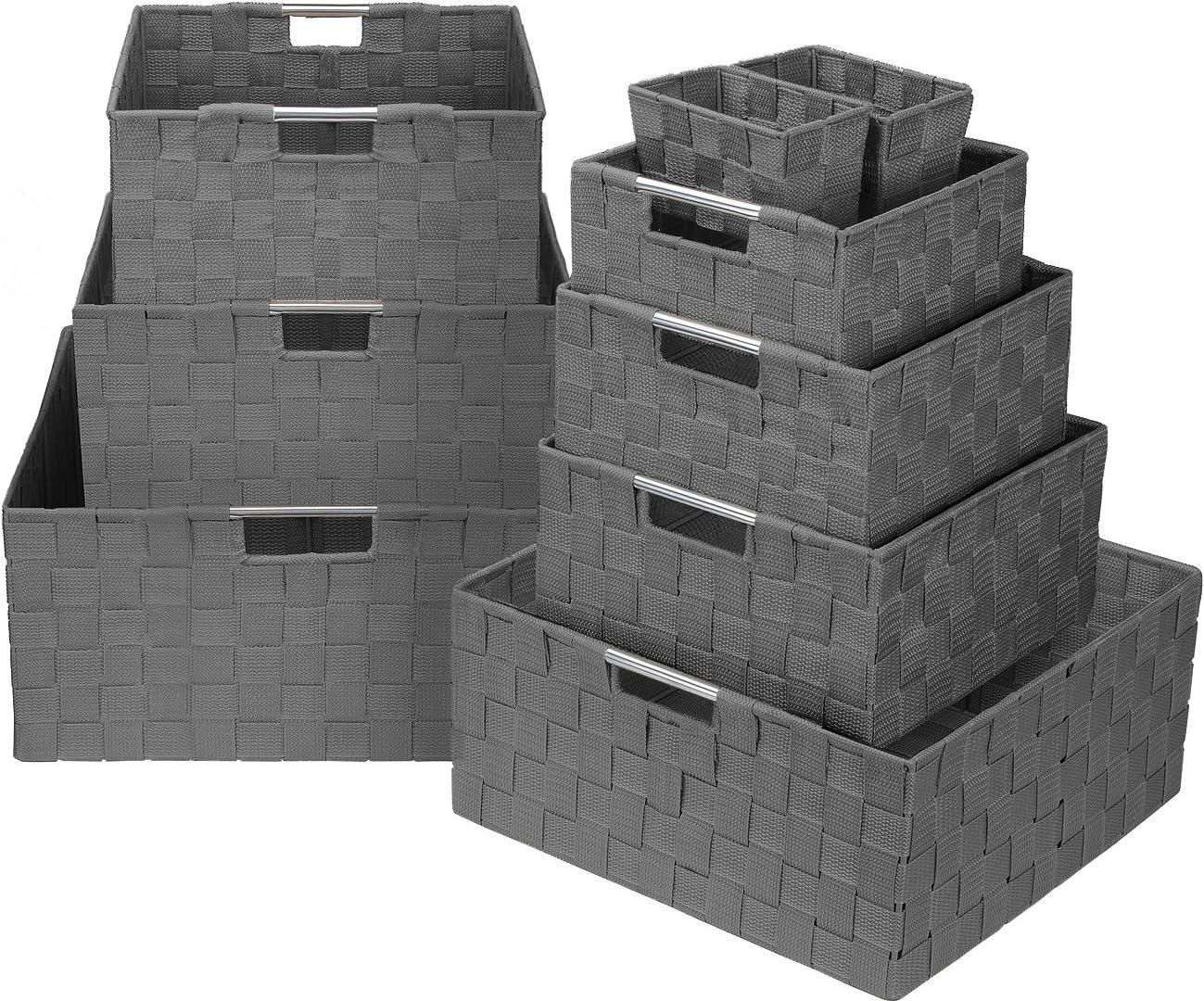 Sorbus Woven Storage Box Set, 9-Piece Stackable Basket Bins with Built-in Handles (Gray)