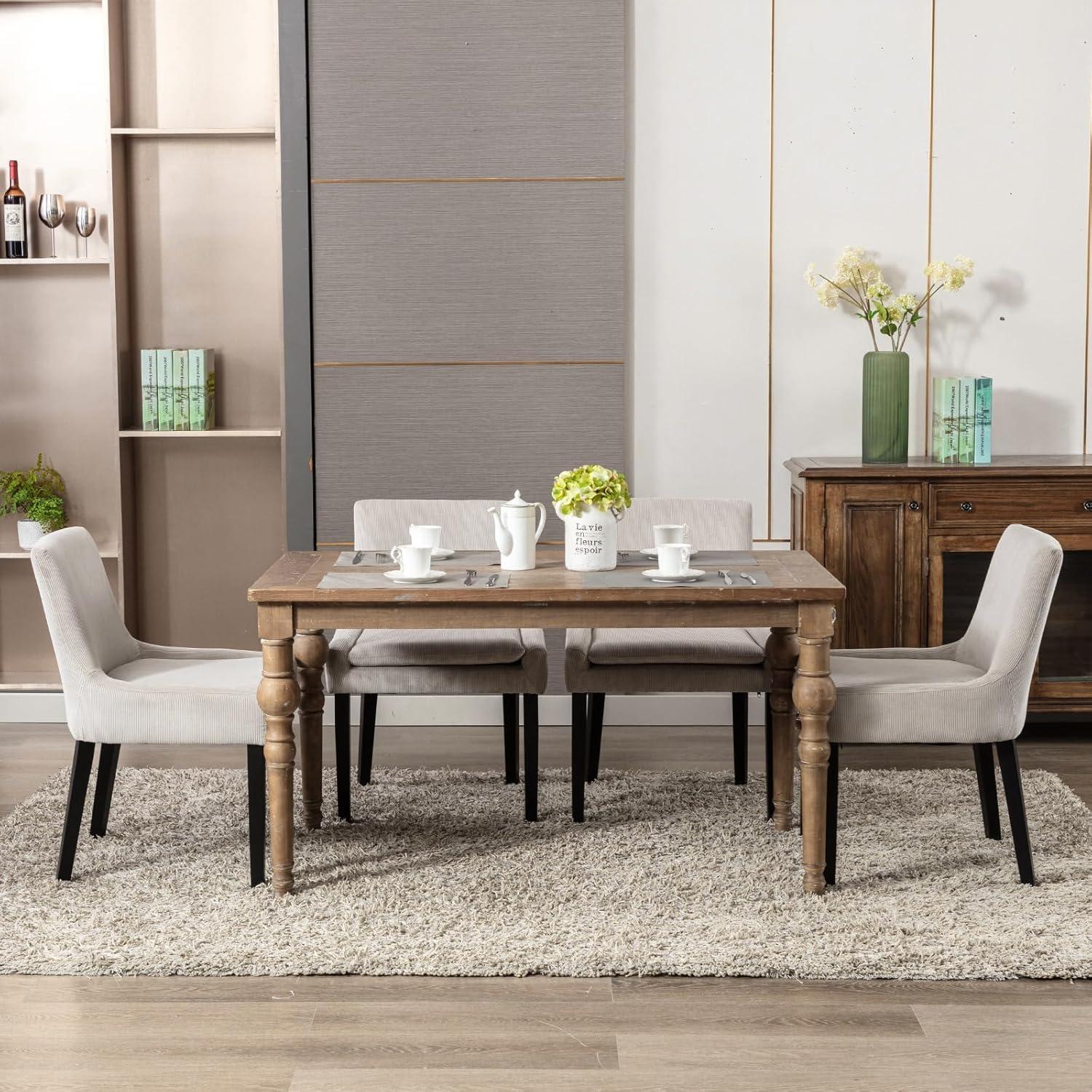 Beige Corduroy Upholstered Dining Chairs with Wood Legs, Set of 6