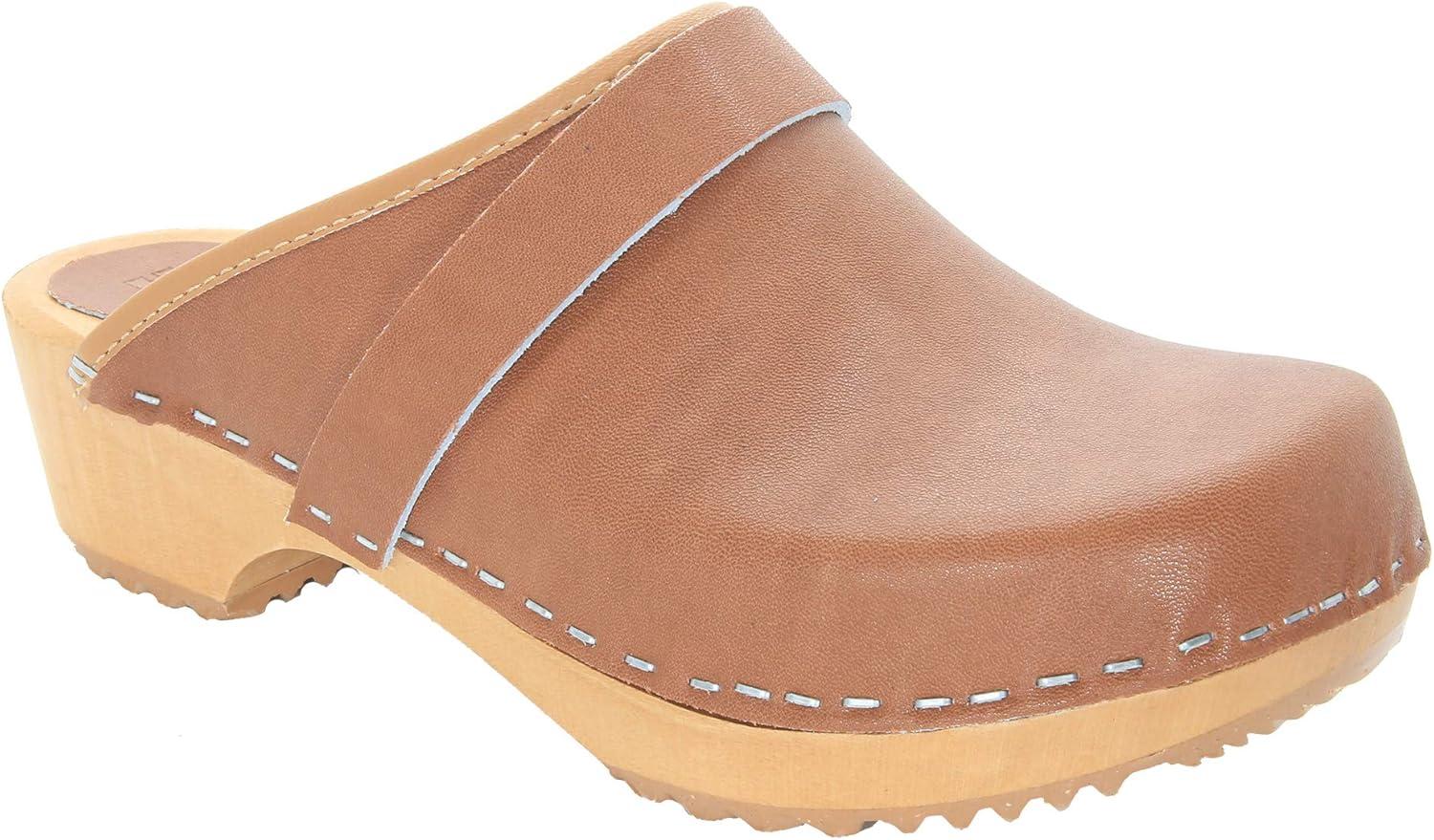 Brown Genuine Leather Open Back Clogs with Wood Sole