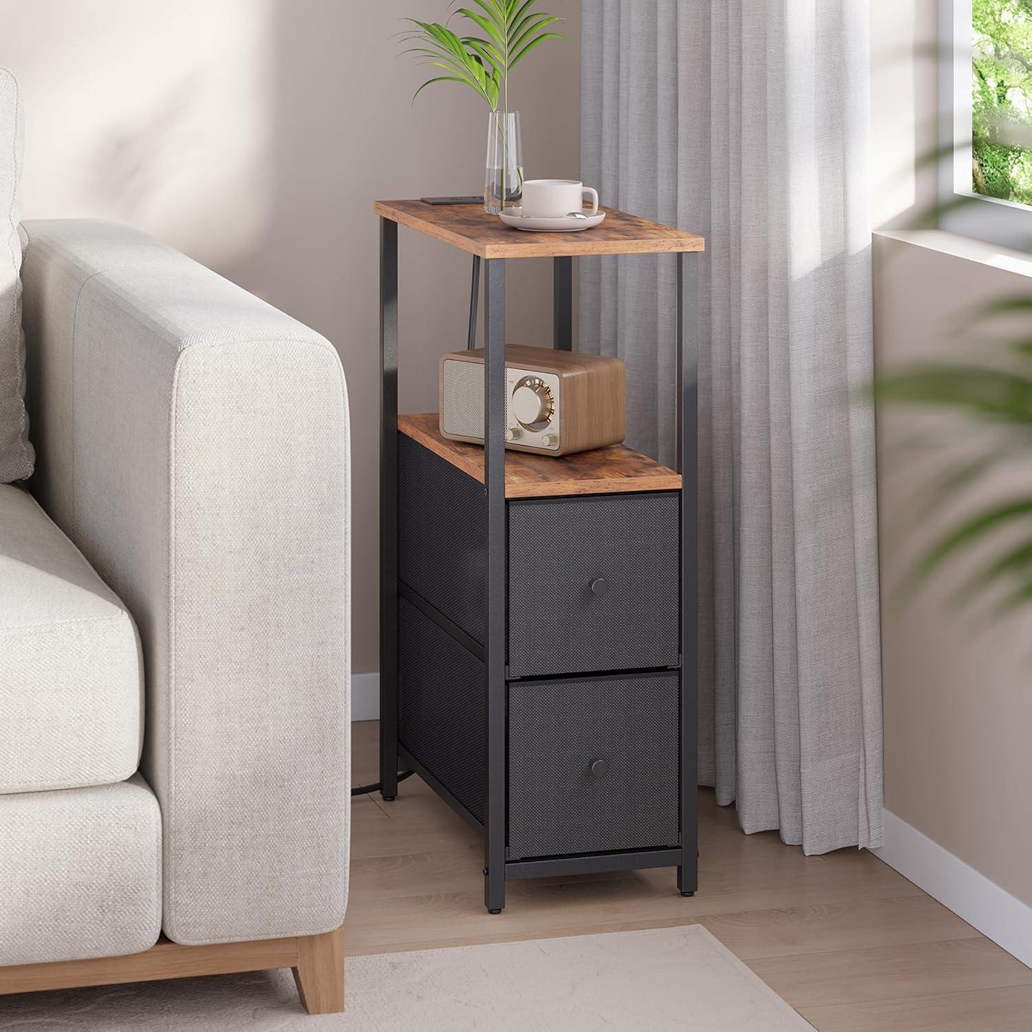 Brown and Black Narrow End Table Set with Charging Station