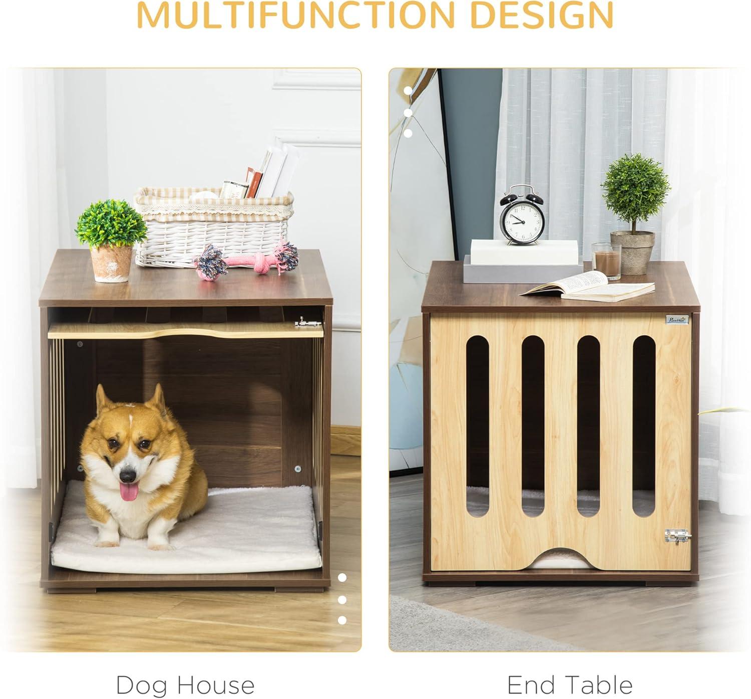 PawHut Furniture Style Dog Crate End Table with Removable Door Panel, Dog Crate Bed with Foam Cushion, Safety Lock, Indoor Use, for Small & Medium Dogs, Brown