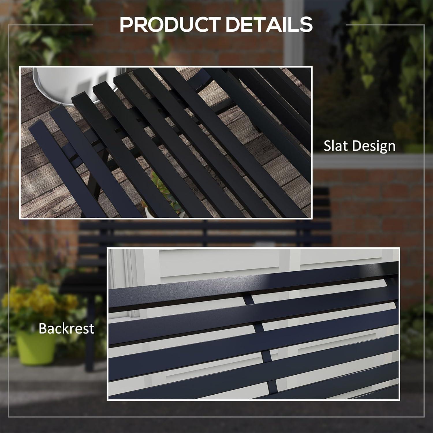 Black Aluminum Outdoor Patio Garden Bench with Slatted Seat