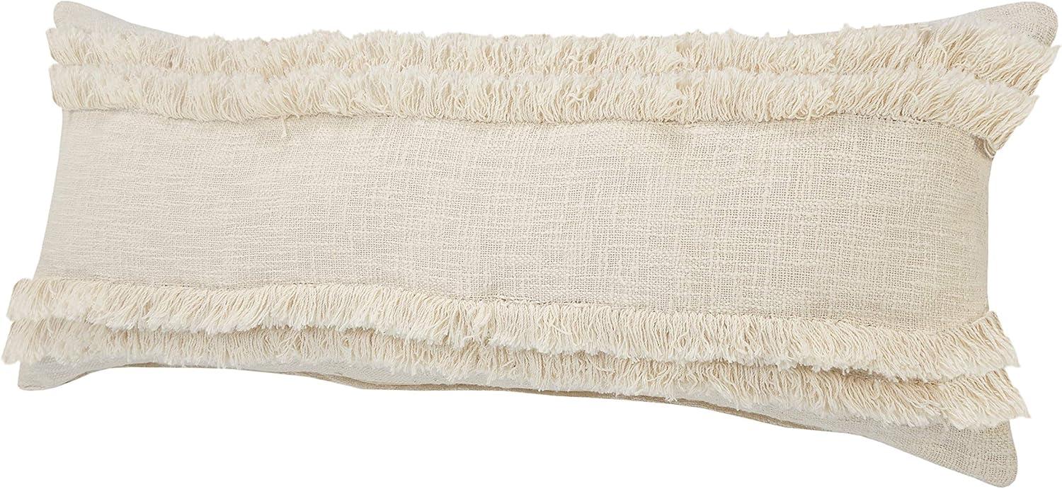 Cream Fringed Rectangular Lumbar Throw Pillow