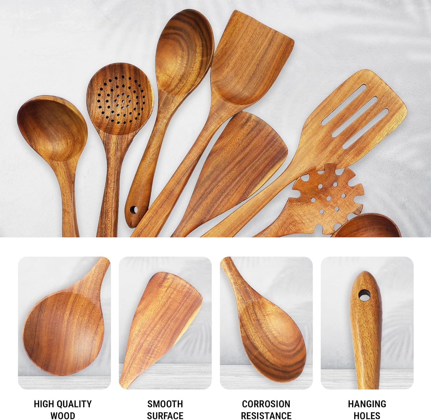 Wooden Spoons for Cooking, 10 Pcs Teak Wood Cooking Utensil Set ‚ Wooden Kitchen Utensils for Nonstick Pans & Cookware ‚ Sturdy, Lightweight & Heat Resistant