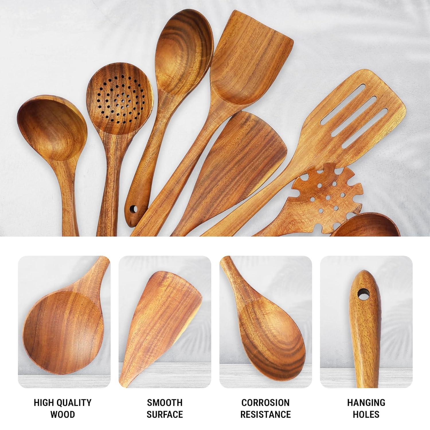 Wooden Spoons for Cooking, 10 Pcs Teak Wood Cooking Utensil Set ‚ Wooden Kitchen Utensils for Nonstick Pans & Cookware ‚ Sturdy, Lightweight & Heat Resistant