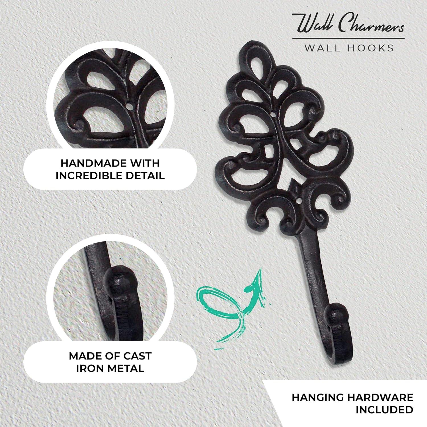 Wallcharmers Set of 3 Rustic Decorative Wall Hooks 8” | Victorian Shabby Chic Fleur De Lis Antique Towel Hooks for Hanging | Gothic Cast Iron Farmhouse Indoor Outdoor Key, Dog Leash, & Towel Hanger