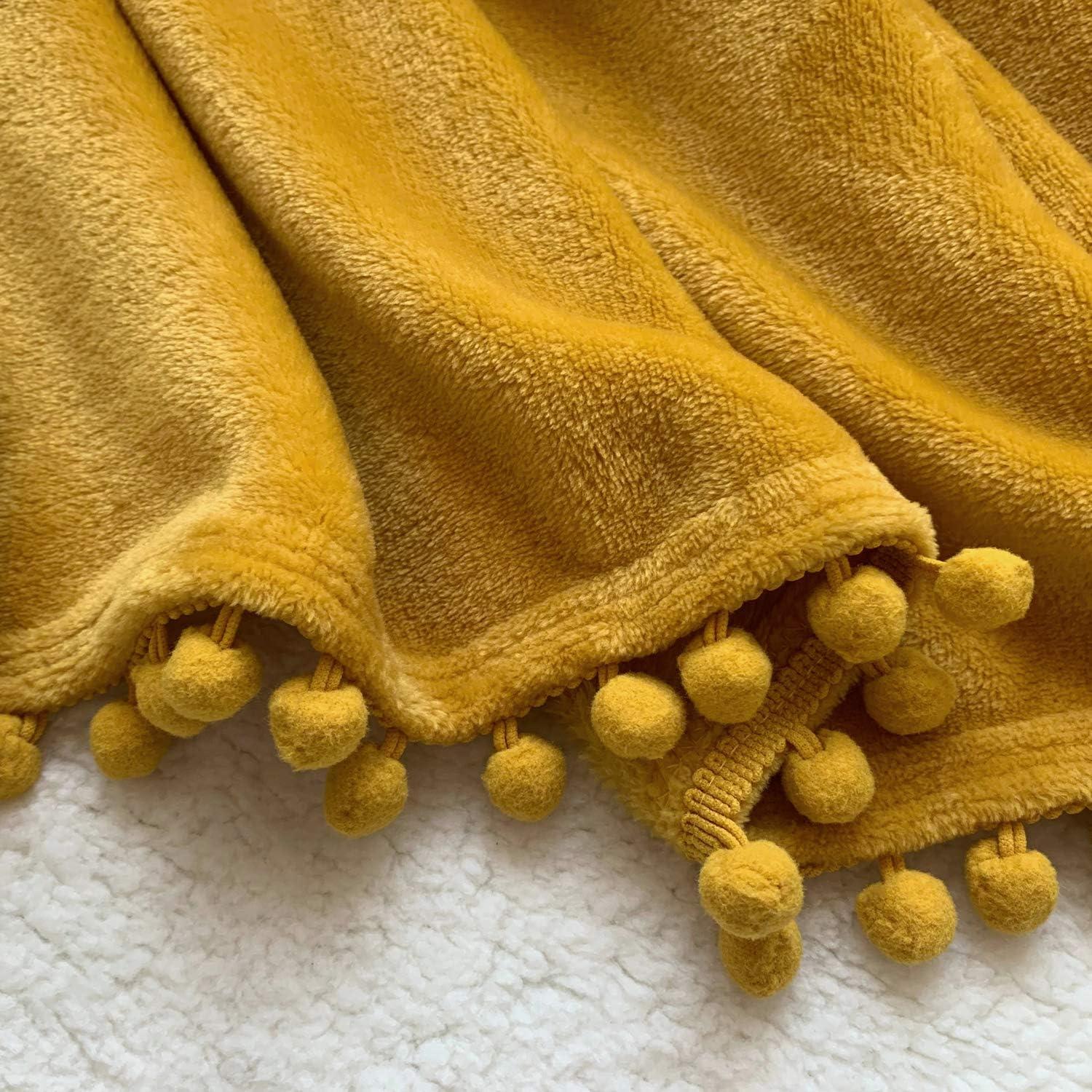 Mustard Yellow Flannel Blanket with Pompom Fringe, 51x63