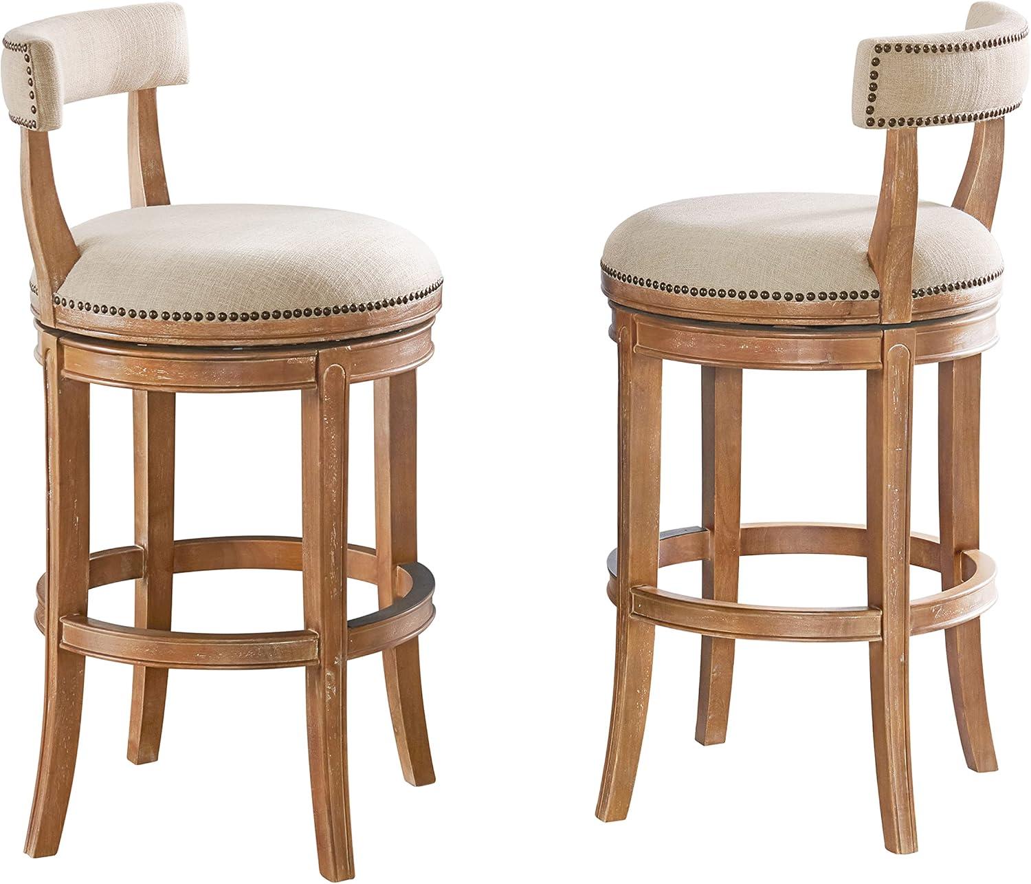 Alaterre Hanover Swivel Bar Height Stool, Weathered Brown and Beige, Solid Rubberwood Frame with Faux Linen Upholstered Seat, Nailhead Trim, Memory Return Swivel, 20 in. W x 22 in. D x 41 in. H