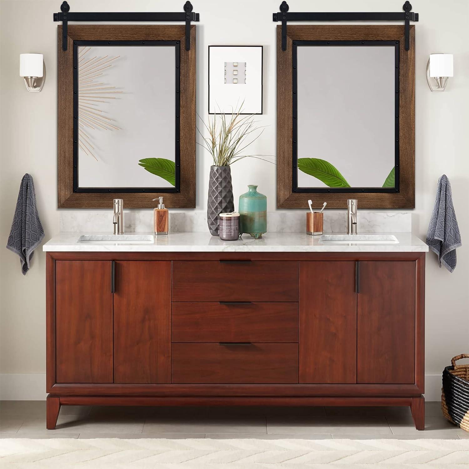 COSMOGO Rustic Barn Door Style Natural Wood Bathroom Wall Vanity Mirror 24"x32"