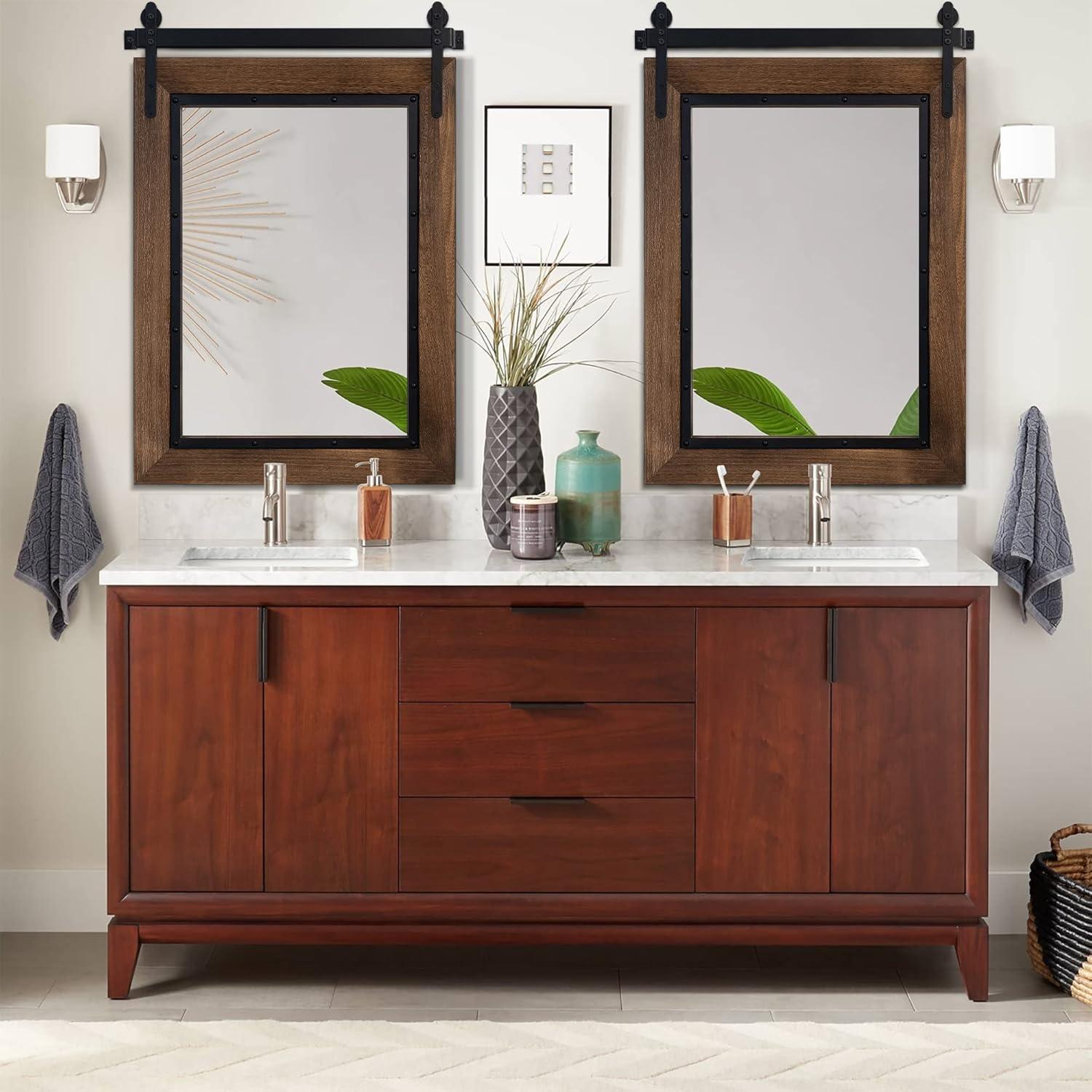 COSMOGO Farmhouse Barn Door Style Natural Wood Bathroom Vanity Wall Mirror 24"x32"