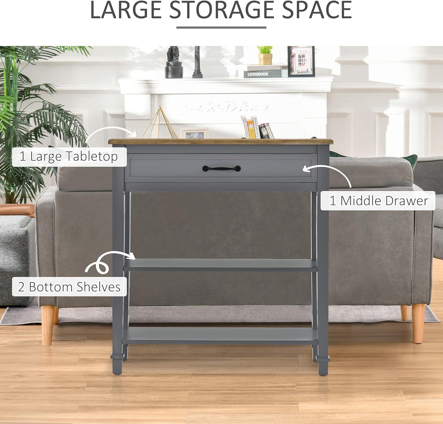HOMCOM Entry Way Table Modern Style Sofa Console with Drawer and Shelves, Sturdy Build, and Large Storage, Gray